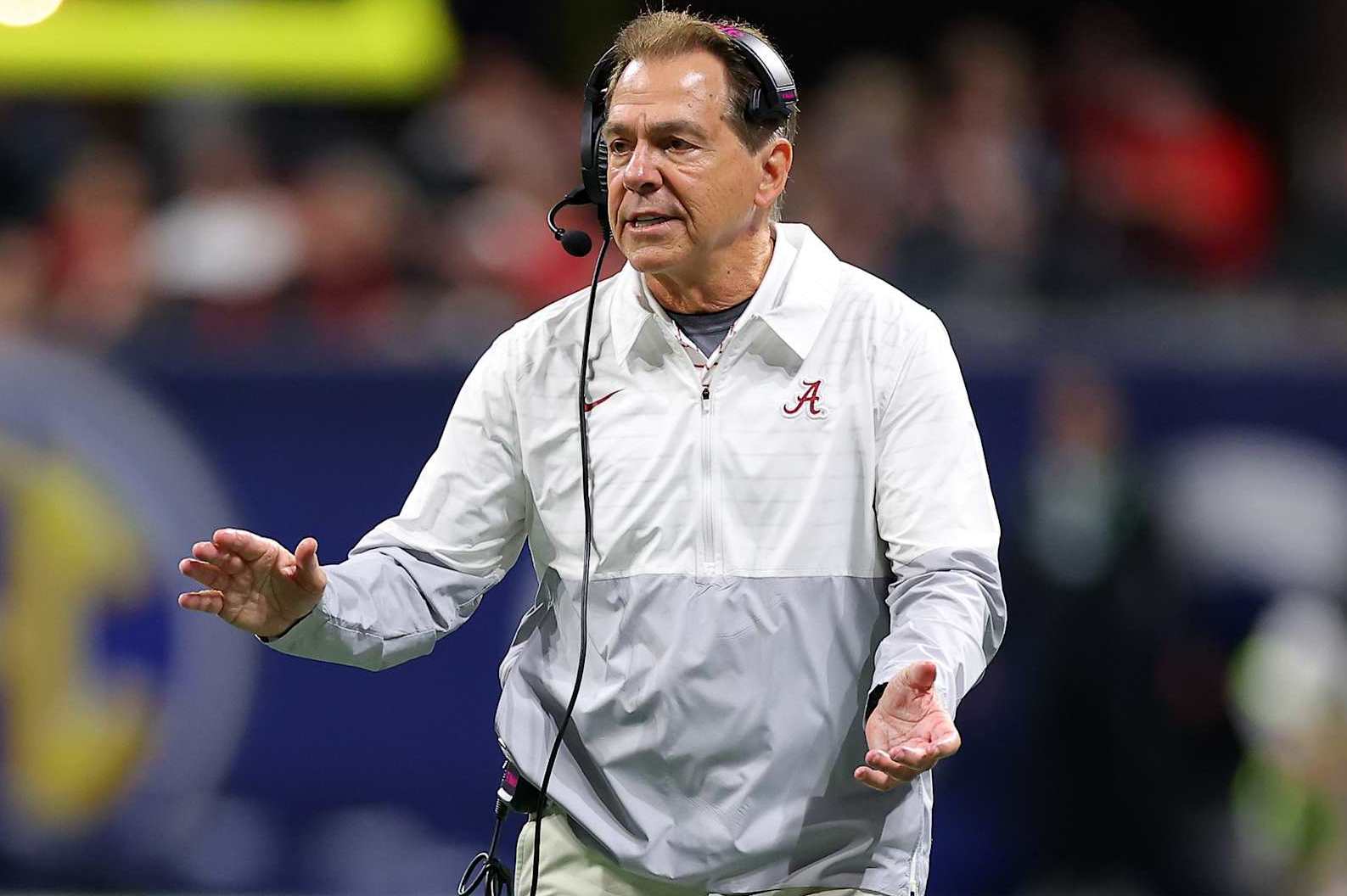 ATLANTA, GEORGIA - DECEMBER 02: Head coach Nick Saban of the Alabama Crimson Tide reacts to a play during the third quarter against the Georgia Bulldogs in the SEC Championship at Mercedes-Benz Stadium on December 02, 2023 in Atlanta, Georgia. (Photo by Kevin C. Cox/Getty Images)