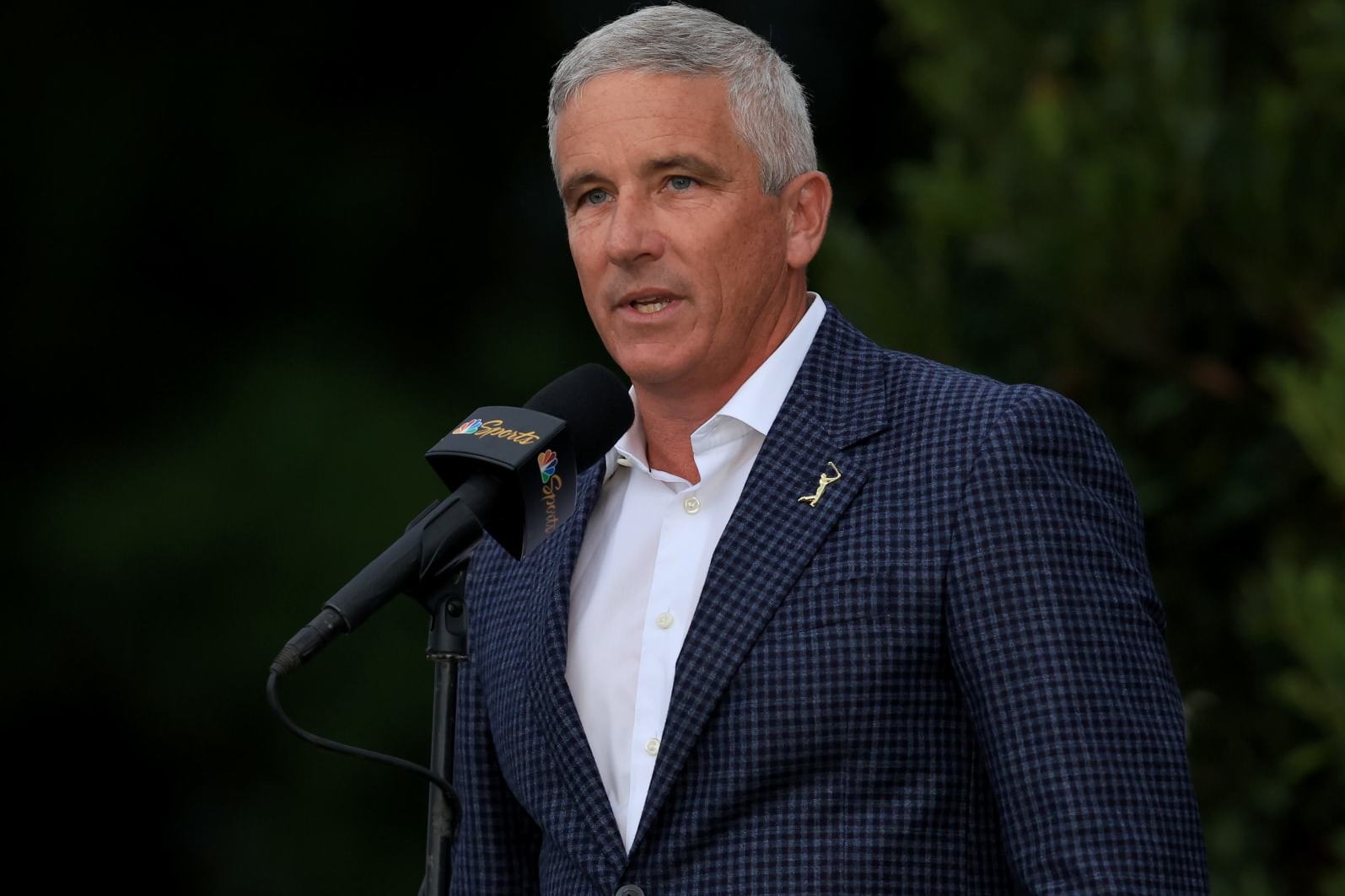 PONTE VEDRA BEACH, FLORIDA - MARCH 12: Jay Monahan, PGA TOUR Commissioner, speaks during the trophy ceremony during the final round of THE PLAYERS Championship on THE PLAYERS Stadium Course at TPC Sawgrass on March 12, 2023 in Ponte Vedra Beach, Florida. (Photo by Sam Greenwood/Getty Images)