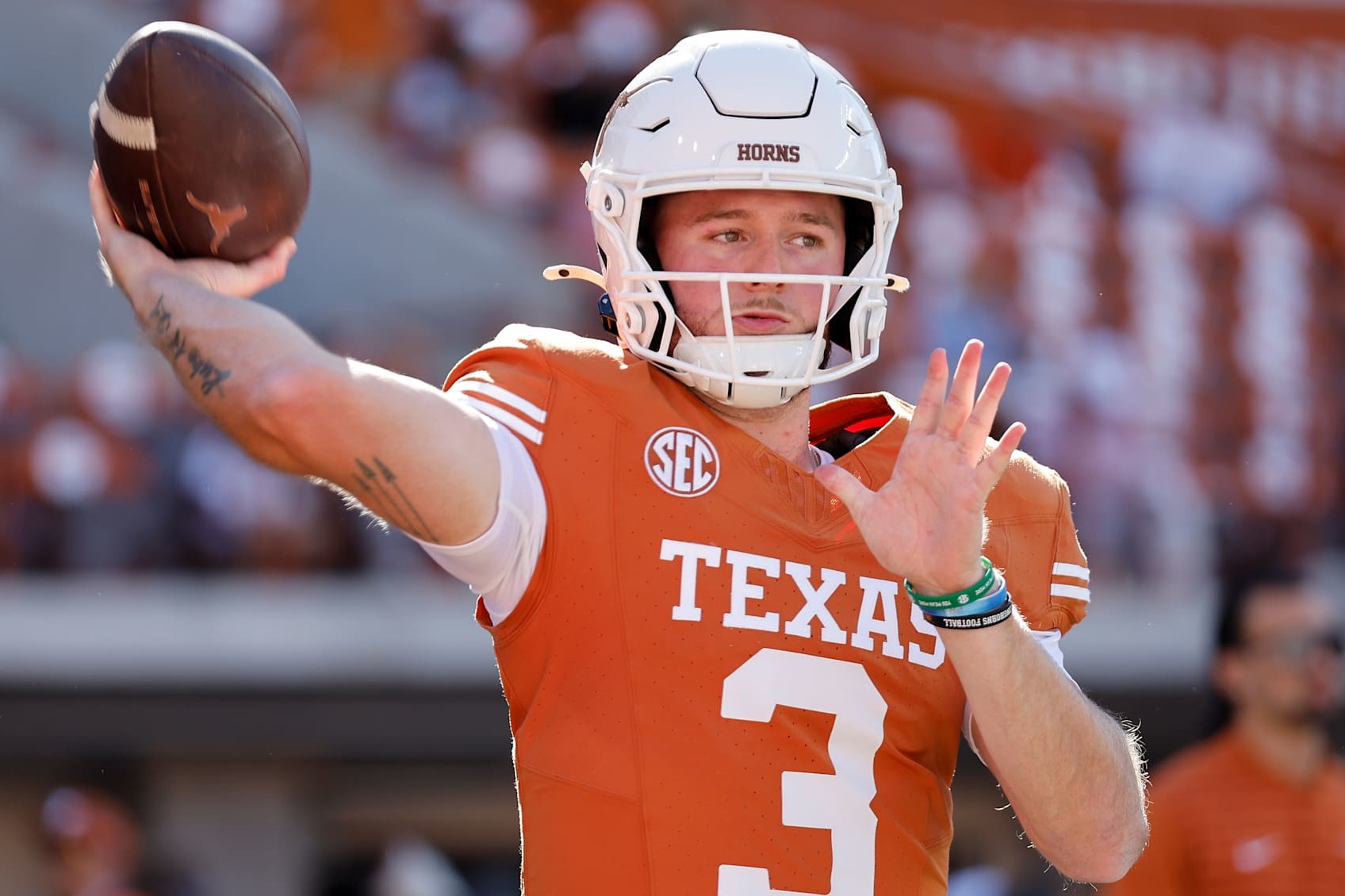 AUSTIN, TEXAS - NOVEMBER 23: Quinn Ewers #3 of the Texas Longhorns warms up before the game against the Kentucky Wildcats at Darrell K Royal-Texas Memorial Stadium on November 23, 2024 in Austin, Texas. (Photo by Tim Warner/Getty Images)