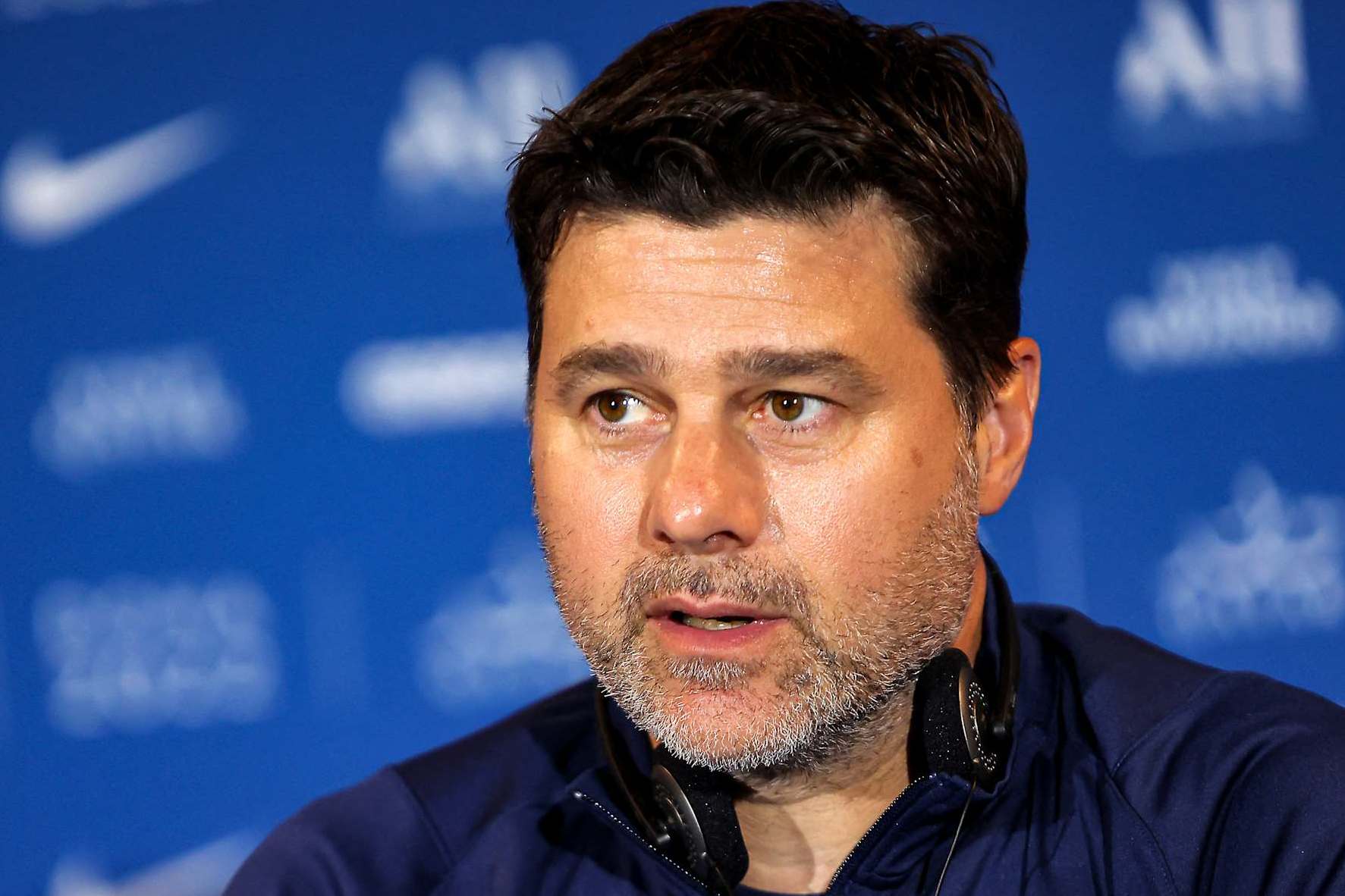 Paris Saint-Germain's Argentinian head coach Mauricio Pochettino gives a press conference during the spring training camp in Qatar's capital Doha on May 15, 2022. (Photo by KARIM JAAFAR / AFP) (Photo by KARIM JAAFAR/AFP via Getty Images)