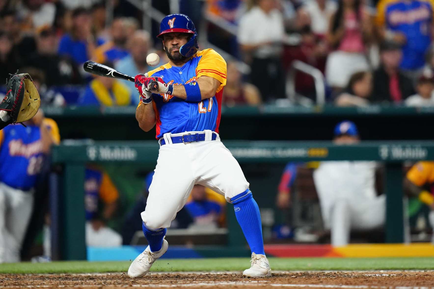 MIAMI, FL - MARCH 18:   Jose Altuve #27 of Team Venezuela is hit by a pitch from Daniel Bard #52 of Team USA in the fifth inning during the 2023 World Baseball Classic Quarterfinal game between Team USA and Team Venezuela at loanDepot Park on Saturday, March 18, 2023 in Miami, Florida. (Photo by Daniel Shirey/WBCI/MLB Photos via Getty Images)