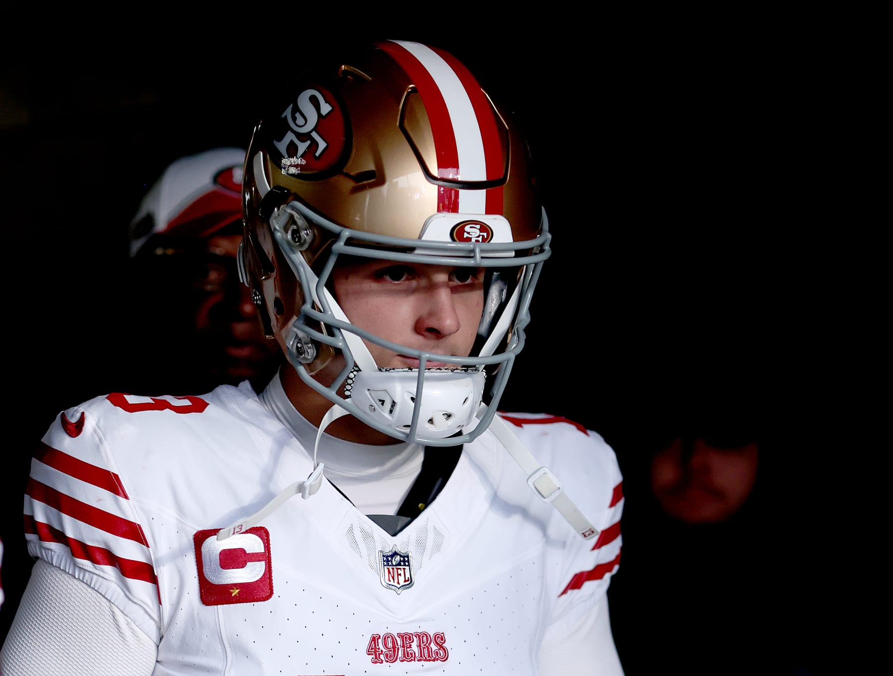PHILADELPHIA, PENNSYLVANIA - DECEMBER 03: Brock Purdy # 13 of the San Francisco 49ers takes the field prior to the video game versus the Philadelphia Eagles at Lincoln Financial Field on December 03, 2023 in Philadelphia, Pennsylvania. (Photo by Tim Nwachukwu/Getty Images)