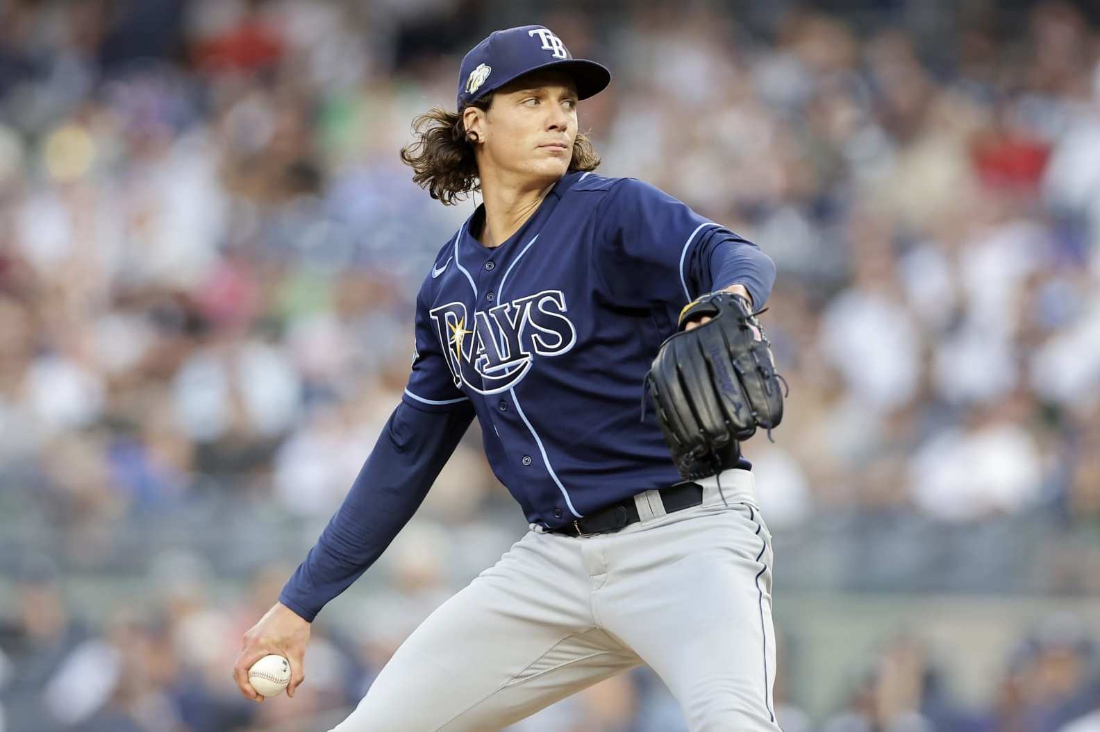 NEW YORK, NEW YORK - JULY 31:  Tyler Glasnow #20 of the Tampa Bay Rays in action against the New York Yankees at Yankee Stadium on July 31, 2023 in Bronx borough of New York City. The Rays defeated the Yankees 5-1. (Photo by Jim McIsaac/Getty Images)