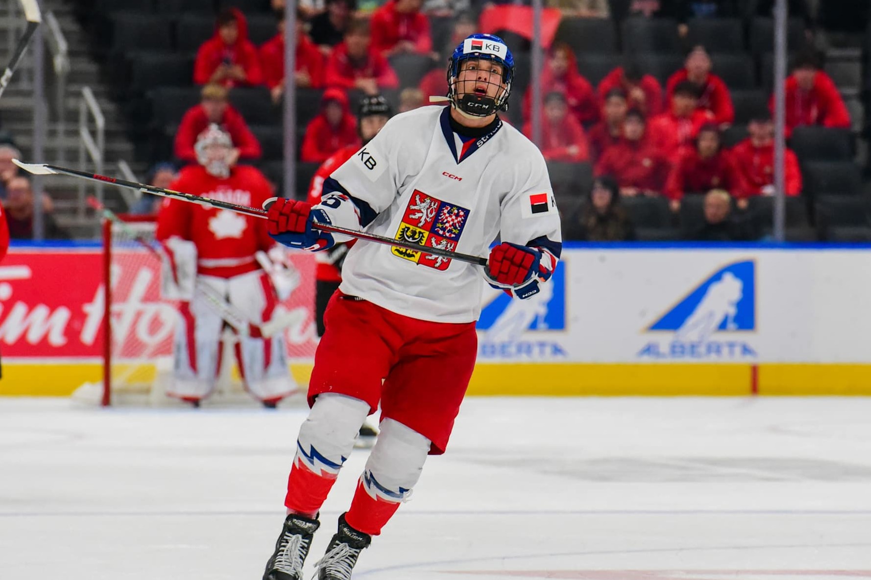 EDMONTON, CANADA AUGUST 10: Radim Mrtka #5 of Team Czechia in action against Team Canada during the Gold Medal Game of the 2024 Hlinka Gretzky Cup at Rogers Place on August 10, 2024, in Edmonton, Alberta, Canada. (Photo by Leila Devlin/Getty Images)