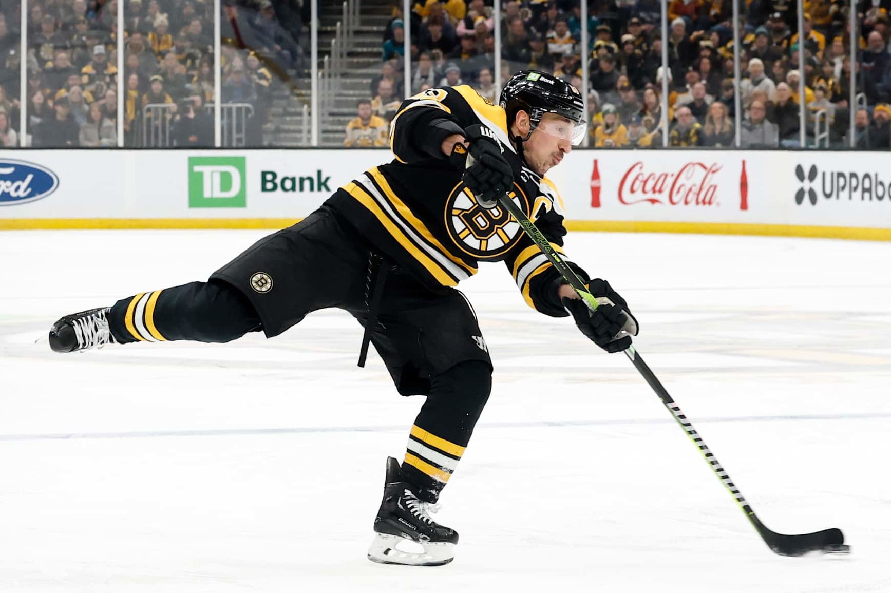BOSTON, MA - JANUARY 20: Boston Bruins left wing Brad Marchand (63) fires a shot during a game between the Boston Bruins and the San Jose Sharks on January 20, 2025, at TD Garden in Boston, Massachusetts. (Photo by Fred Kfoury III/Icon Sportswire via Getty Images)
