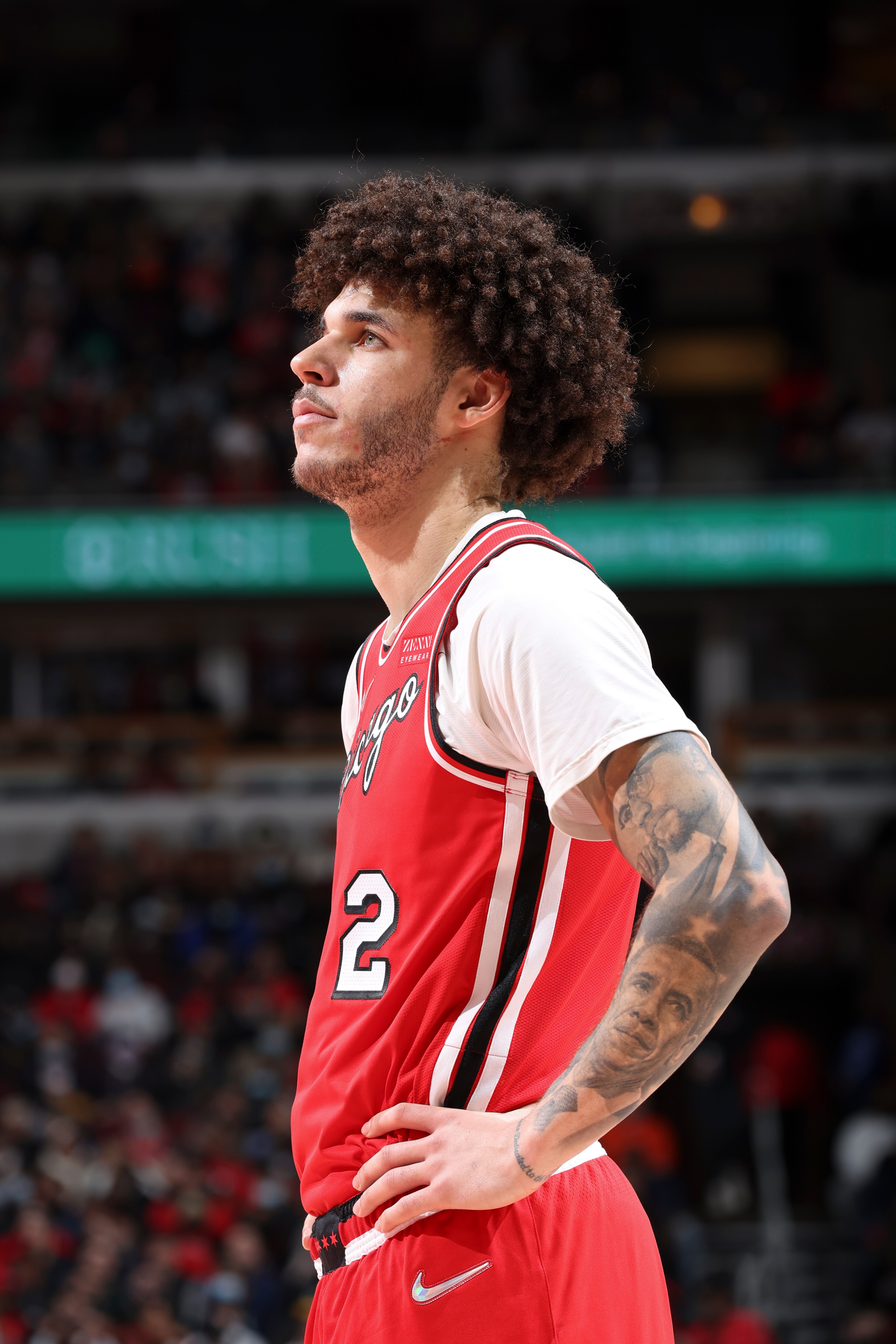 CHICAGO, IL - JANUARY 12: Lonzo Ball #2 of the Chicago Bulls looks on during the game against the Brooklyn Nets on January 12, 2022 at United Center in Chicago, Illinois. NOTE TO USER: User expressly acknowledges and agrees that, by downloading and or using this photograph, User is consenting to the terms and conditions of the Getty Images License Agreement. Mandatory Copyright Notice: Copyright 2022 NBAE (Photo by Jeff Haynes/NBAE via Getty Images)
