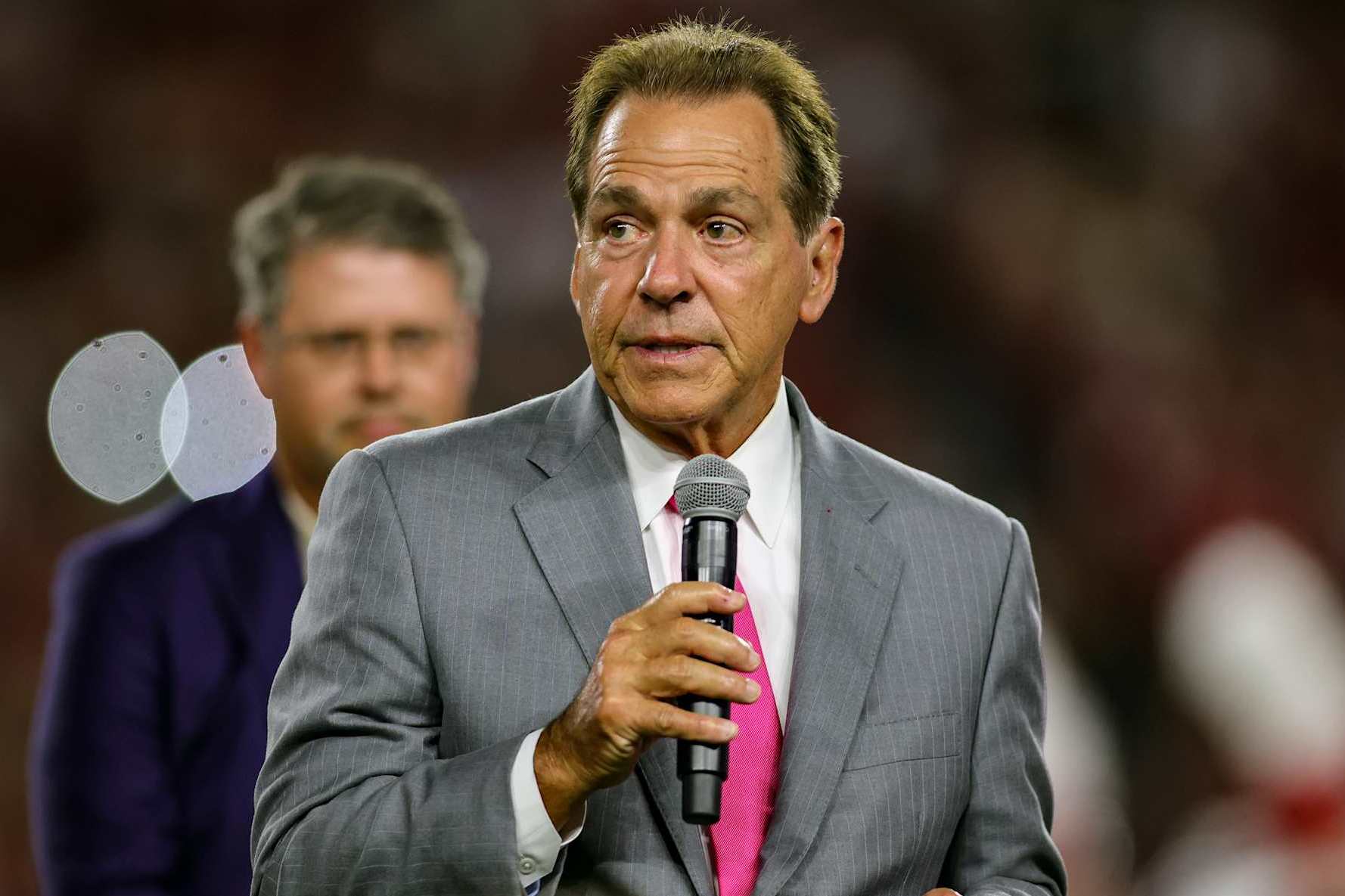 TUSCALOOSA, ALABAMA - SEPTEMBER 7: former University of Alabama head football coach Nick Saban is honored with a ceremony dedicating the field in his name during the halftime break between the Alabama Crimson Tide and South Florida Bulls at Bryant-Denny Stadium on September 7, 2024 in Tuscaloosa, Alabama. (Photo by Brandon Sumrall/Getty Images)