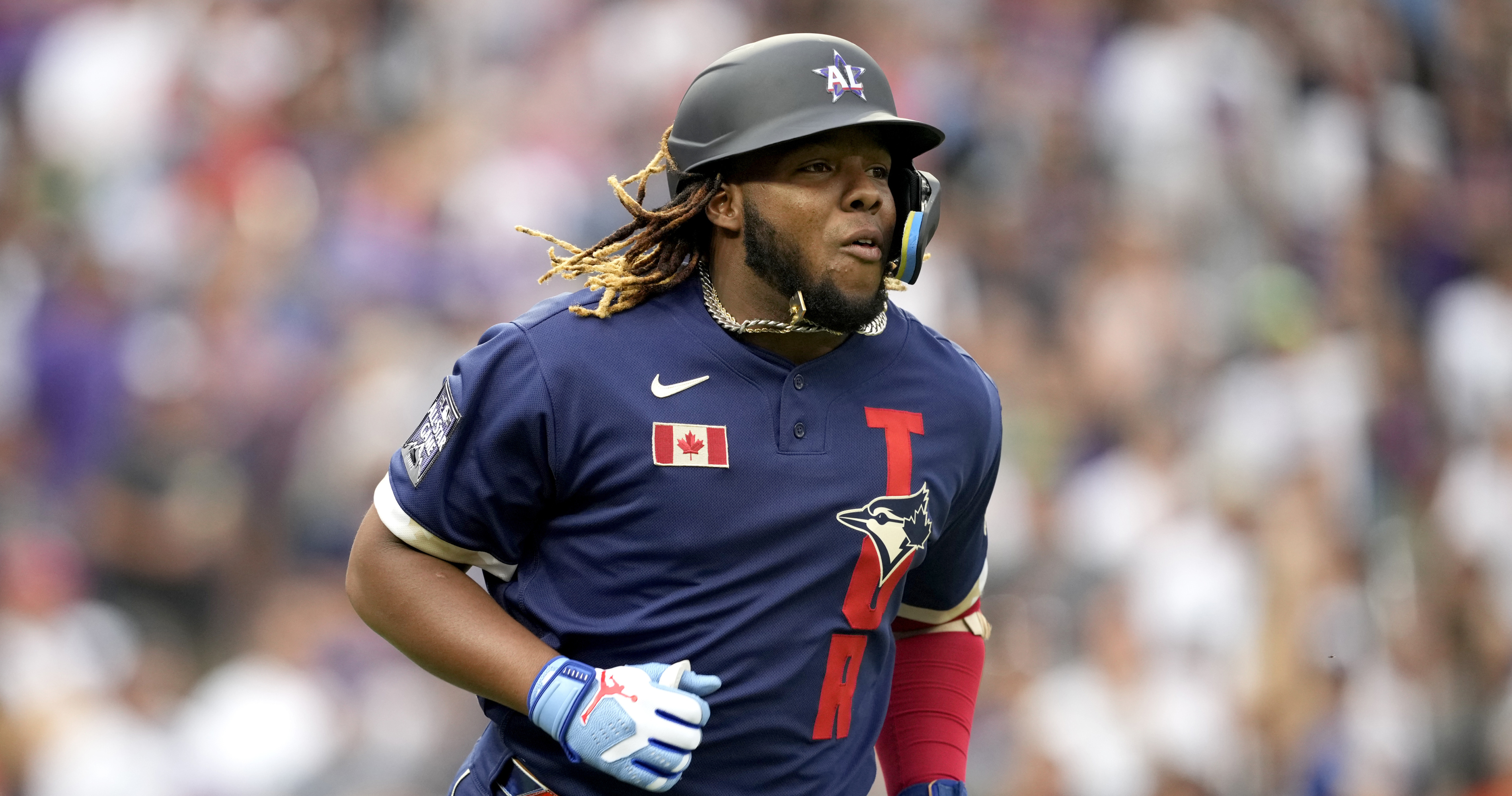 Denver, United States. 13th July, 2021. Toronto Blue Jays first baseman Vladimir  Guerrero Jr. kisses his trophy after being named the MVP of the 2021 MLB  All-Star Game at Coors Field in