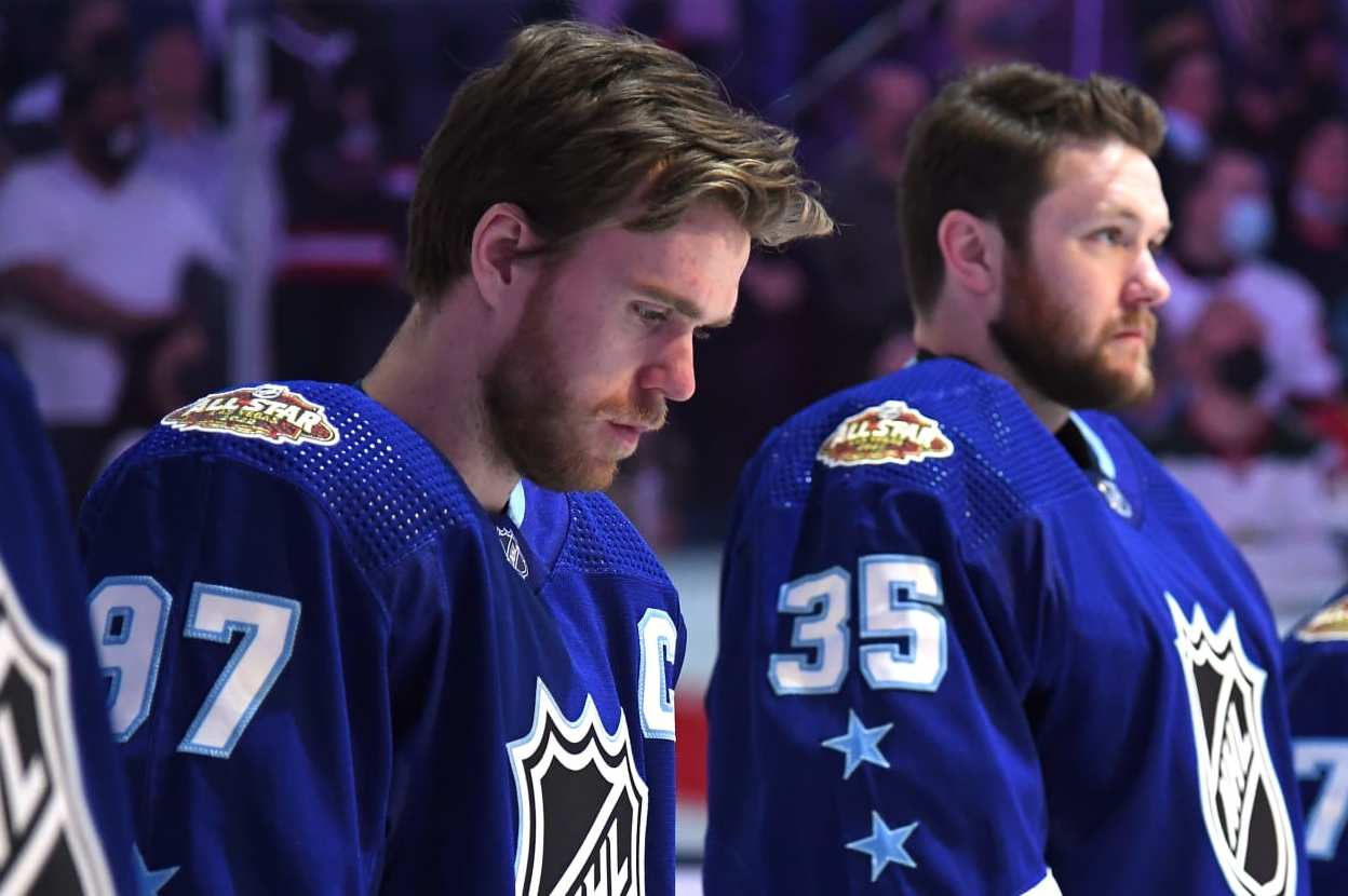 Connor McDavid, left, and Thatcher Demko at the NHL 2022 All-Star game.