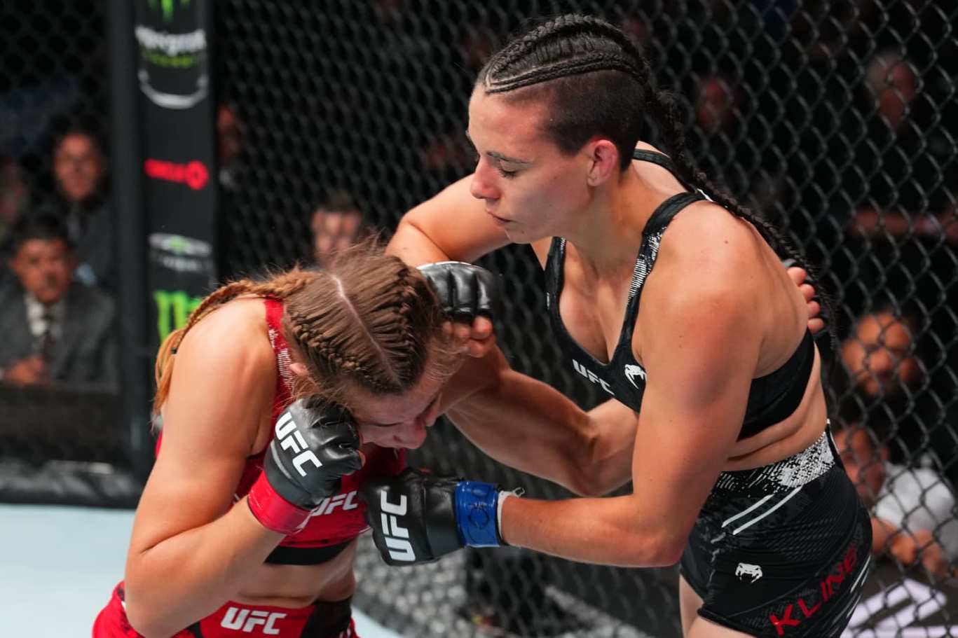 DENVER, COLORADO - JULY 13: (R-L) Fatima Kline punches Jasmine Jasudavicius of Canada in a flyweight fight during the UFC Fight Night event at Ball Arena on July 13, 2024 in Denver, Colorado. (Photo by Josh Hedges/Zuffa LLC via Getty Images)