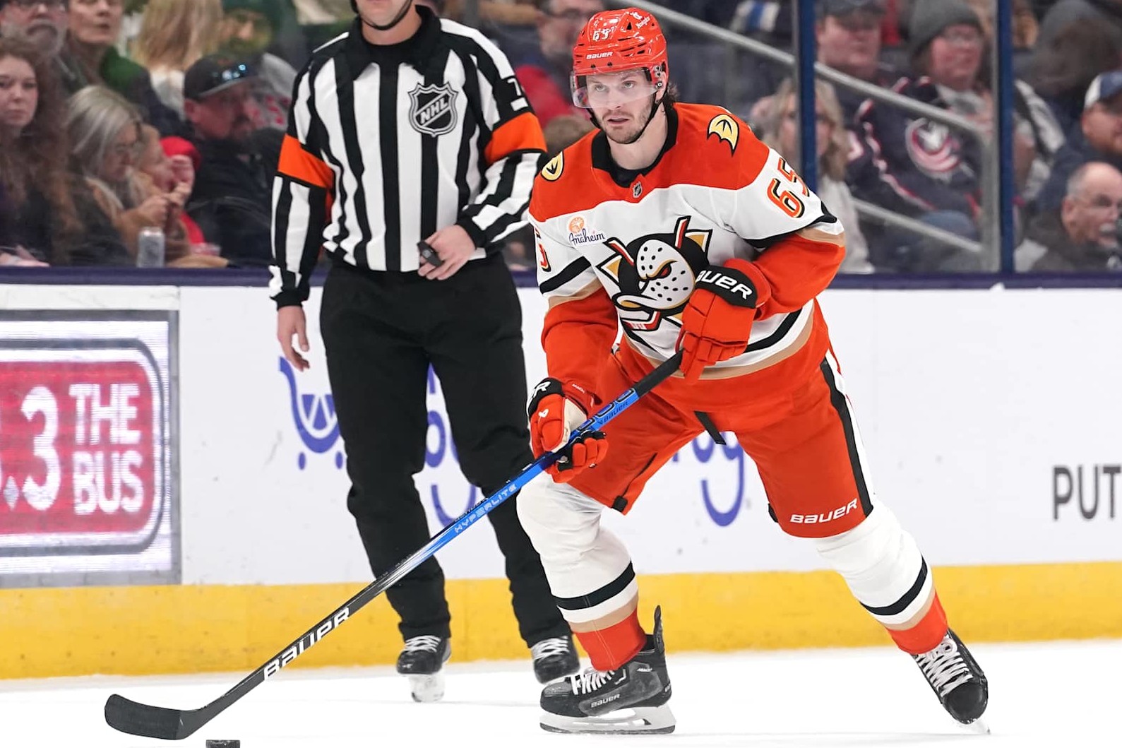 COLUMBUS, OHIO - DECEMBER 14: Jacob Trouba #65 of the Anaheim Ducks seen in action during the game against the Columbus Blue Jackets at Nationwide Arena on December 14, 2024 in Columbus, Ohio. (Photo by Jason Mowry/Getty Images)
