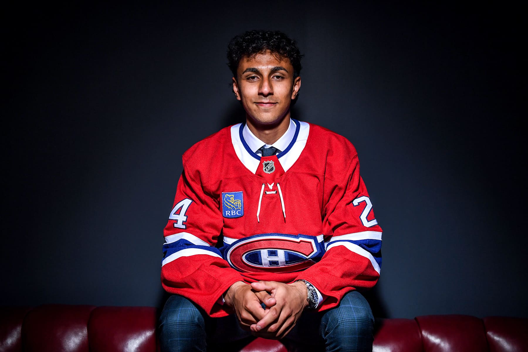 LAS VEGAS, NEVADA - JUNE 28: Michael Hage poses for a portrait after being drafted by the Montreal Canadiens with the 21st overall pick during the 2024 Upper Deck NHL Draft at Sphere on June 28, 2024 in Las Vegas, Nevada. (Photo by Candice Ward/Getty Images)