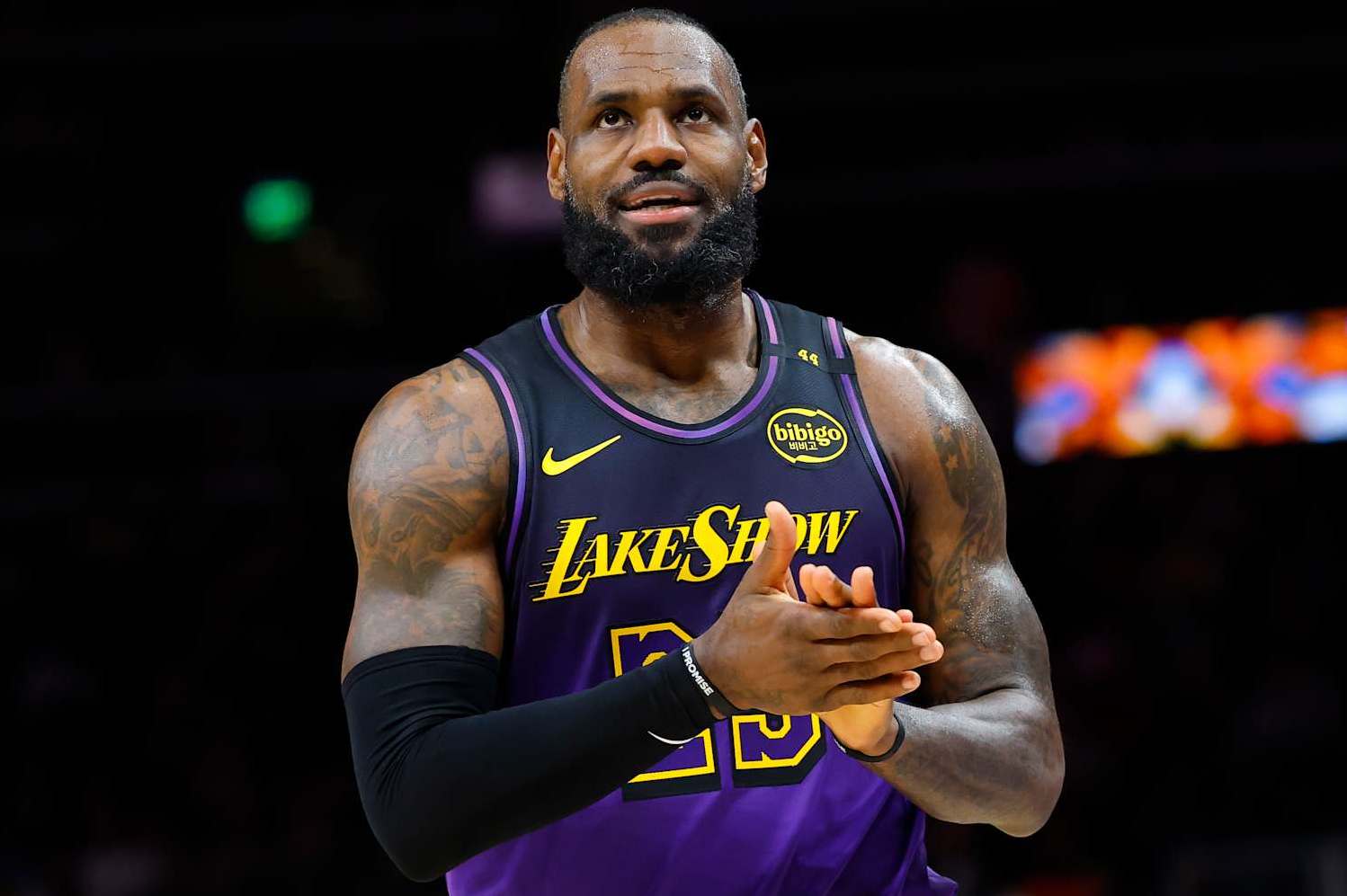 ATLANTA, GEORGIA - DECEMBER 6: LeBron James #23 of the Los Angeles Lakers reacts during the second quarter against the Atlanta Hawks at State Farm Arena on December 6, 2024 in Atlanta, Georgia. NOTE TO USER: User expressly acknowledges and agrees that, by downloading and or using this photograph, User is consenting to the terms and conditions of the Getty Images License Agreement. (Photo by Todd Kirkland/Getty Images)
