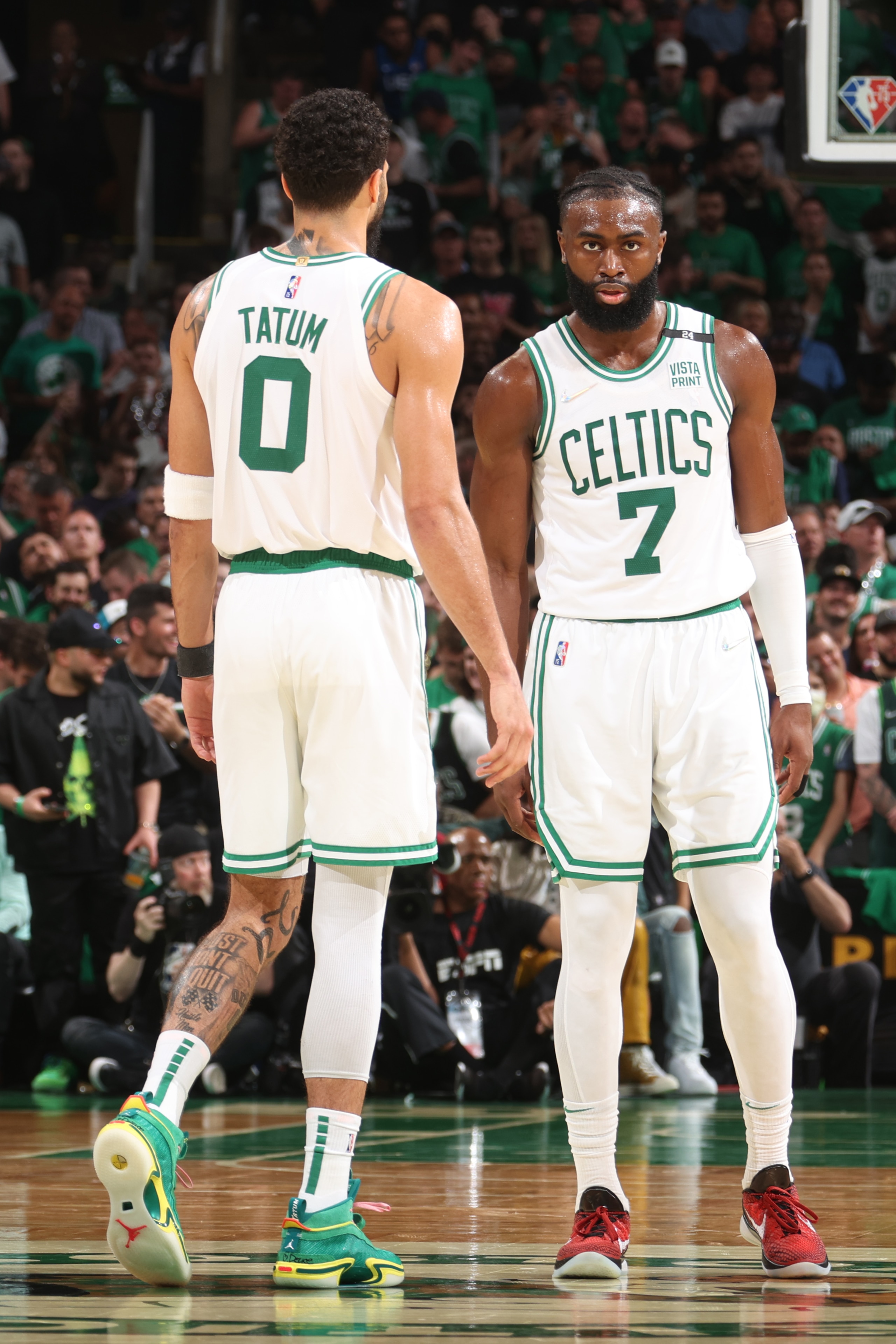 BOSTON, MA - MAY 21: Jayson Tatum #0 hi-fives Jaylen Brown #7 of the Boston Celtics during Game 3 of the 2022 NBA Playoffs Eastern Conference Finals on May 21, 2022 at the TD Garden in Boston, Massachusetts. NOTE TO USER: User expressly acknowledges and agrees that, by downloading and or using this photograph, User is consenting to the terms and conditions of the Getty Images License Agreement. Mandatory Copyright Notice: Copyright 2022 NBAE (Photo by Nathaniel S. Butler/NBAE via Getty Images) BOSTON, MA - MAY 21: Jayson Tatum #0 hi-fives Jaylen Brown #7 of the Boston Celtics during Game 3 of the 2022 NBA Playoffs Eastern Conference Finals on May 21, 2022 at the TD Garden in Boston, Massachusetts. NOTE TO USER: User expressly acknowledges and agrees that, by downloading and or using this photograph, User is consenting to the terms and conditions of the Getty Images License Agreement. Mandatory Copyright Notice: Copyright 2022 NBAE (Photo by Nathaniel S. Butler/NBAE via Getty Images)