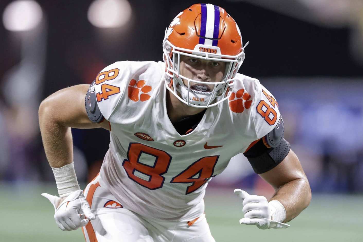 Clemson's Davis Allen (84) runs a route during the first half of an NCAA football game against Georgia Tech on Monday, Sept. 5, 2022, in Atlanta. (AP Photo/Stew Milne)