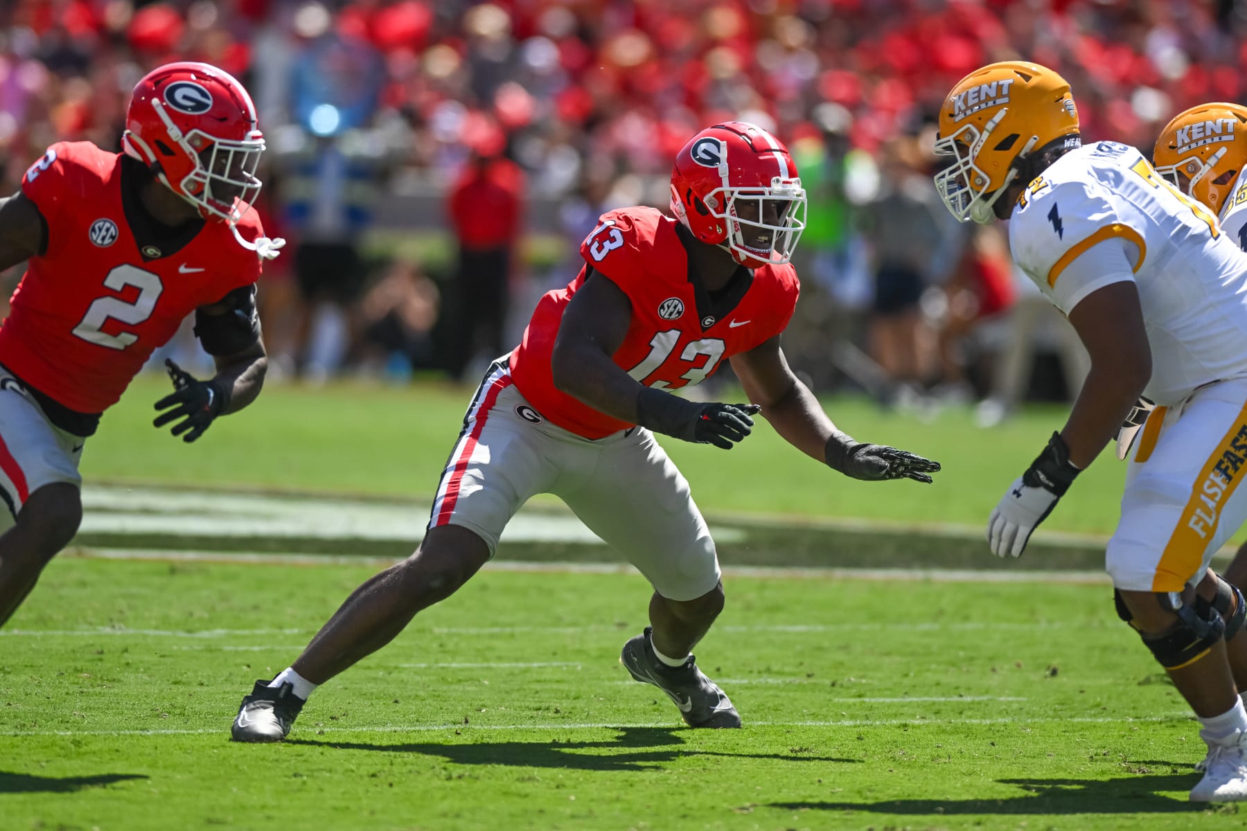 ATHENS, GA - SEPTEMBER 24: Georgia Bulldogs defensive lineman Mykel Williams (13) during the NCAA football game between the Kent State Golden Flashes and the Georgia Bulldogs on September 24,2022, at Sanford Stadium in Athens, GA. (Photo by John Adams/Icon Sportswire via Getty Images)