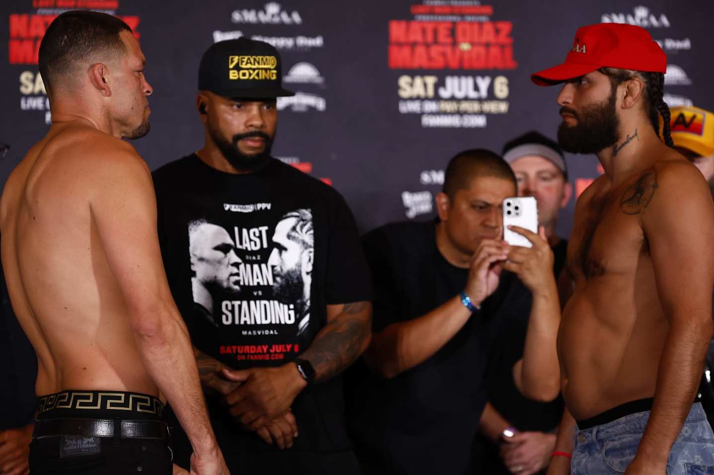 ANAHEIM, CALIFORNIA - JULY 05: (L-R) Nate Diaz and Jorge Masvidal during weigh-in ahead of Last Man Standing Nate Diaz v Jorge Masvidal at the JW Marriott Anaheim on July 05, 2024 in Anaheim, California. (Photo by Ronald Martinez/Getty Images)