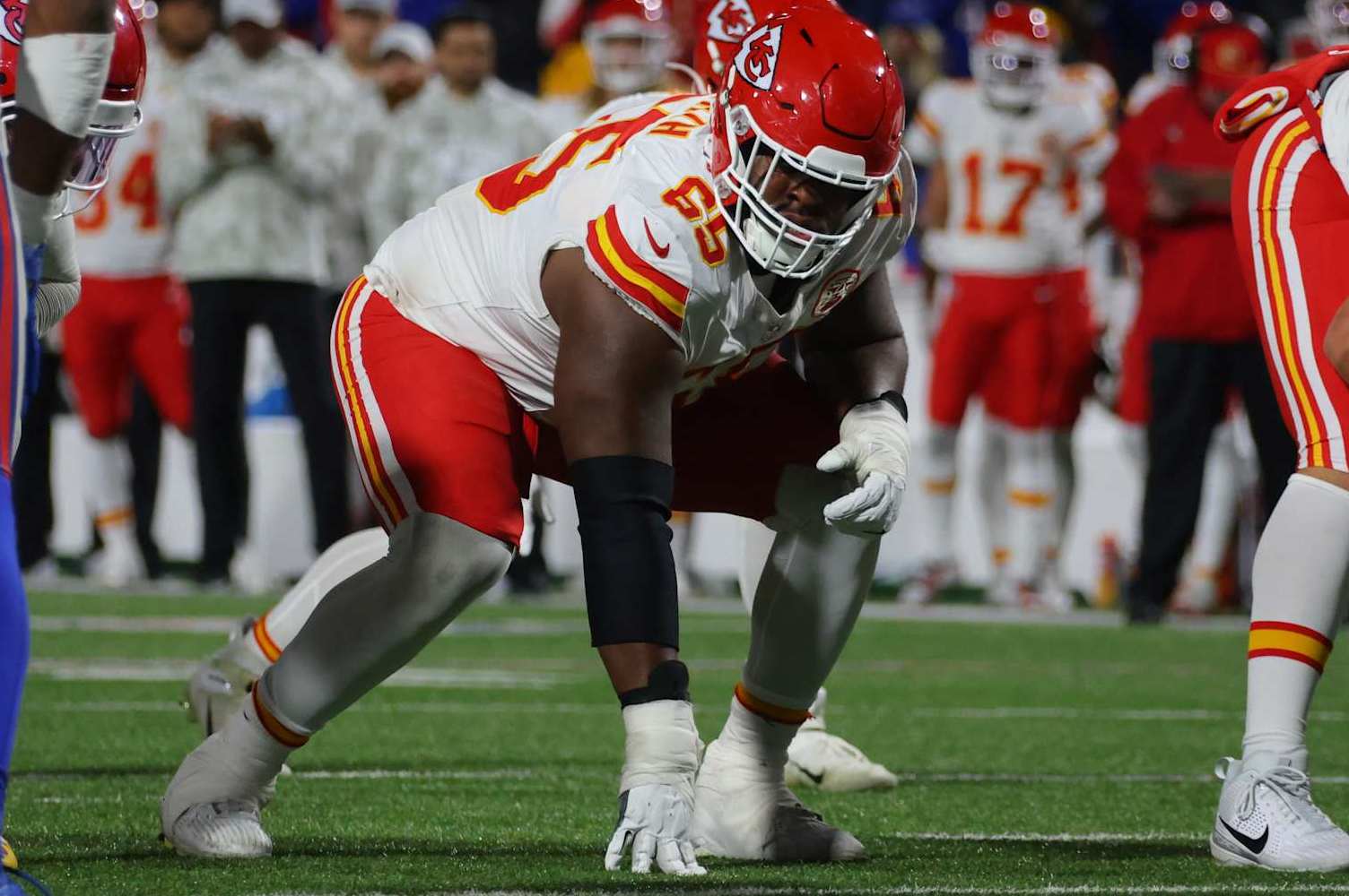 ORCHARD PARK, NEW YORK - NOVEMBER 17: Trey Smith #65 of the Kansas City Chiefs waits for the snap during a game against the Buffalo Bills at Highmark Stadium on November 17, 2024 in Orchard Park, New York. (Photo by Timothy T Ludwig/Getty Images)