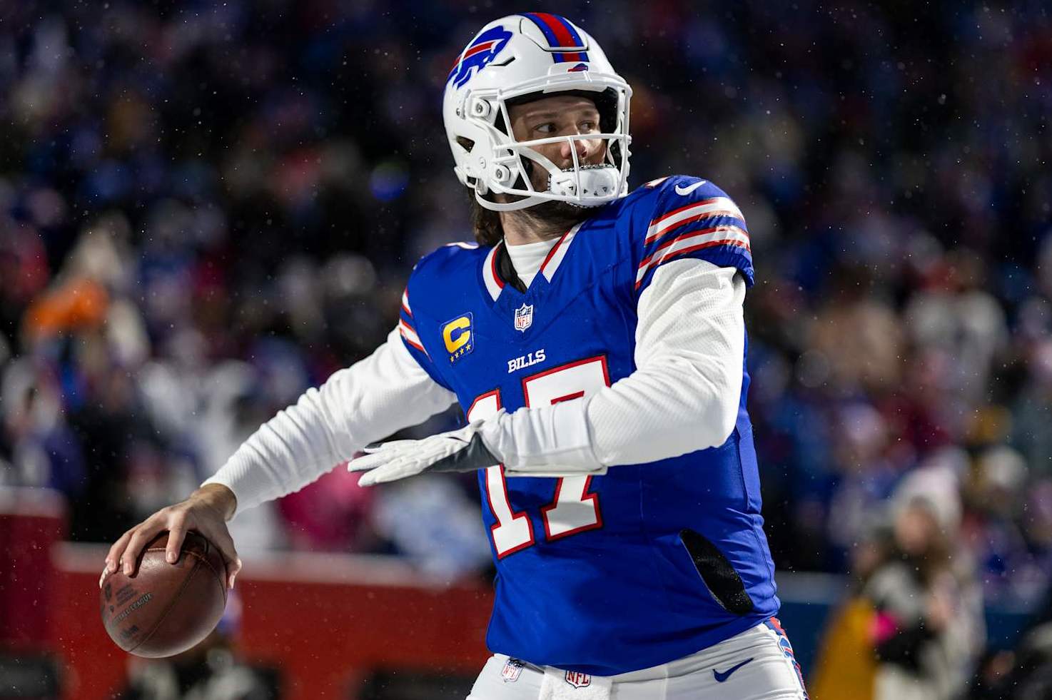 ORCHARD PARK, NEW YORK - JANUARY 19: Josh Allen #17 of the Buffalo Bills looks to pass prior to an NFL Football game against the Baltimore Ravens at Highmark Stadium on January 19, 2025 in Orchard Park, New York. (Photo by Michael Owens/Getty Images)