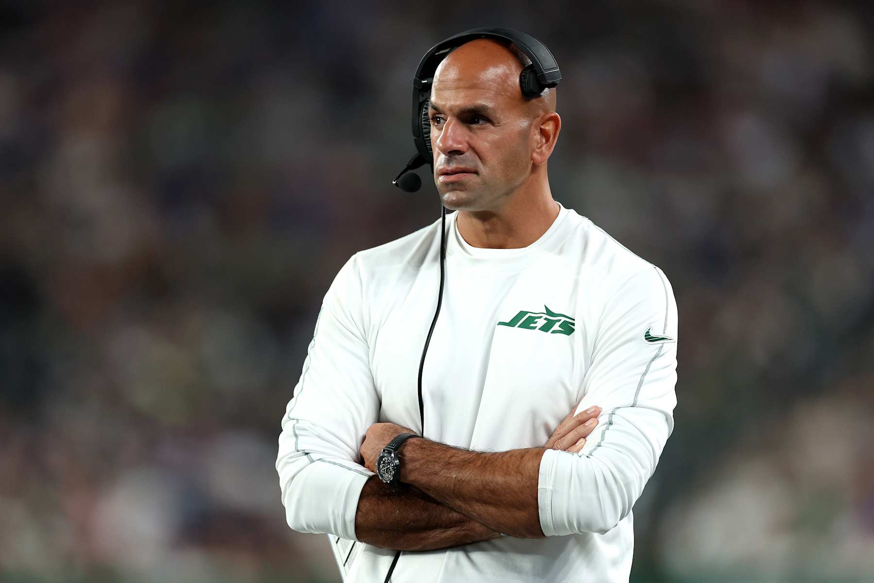 EAST RUTHERFORD, NEW JERSEY - AUGUST 24: Robert Saleh of the New York Jets looks on against the New York Giants during the first quarter of a preseason game at MetLife Stadium on August 24, 2024 in East Rutherford, New Jersey.  (Photo by Luke Hales/Getty Images)