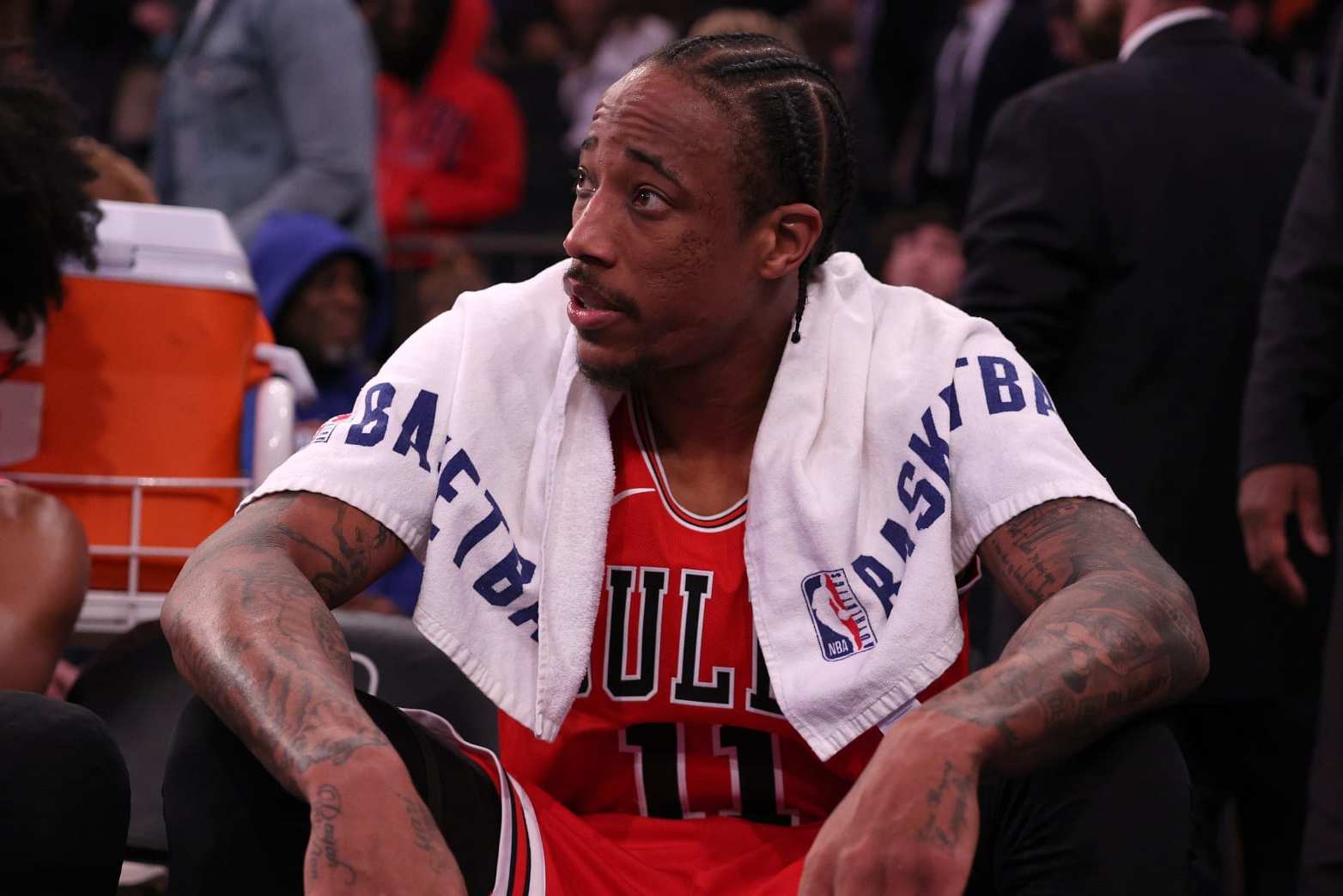 NEW YORK, NEW YORK - JANUARY 03: DeMar DeRozan #11 of the Chicago Bulls reacts on the bench during the second half against the New York Knicks at Madison Square Garden on January 03, 2024 in New York City. The New York Knicks defeated the Chicago Bulls 116-100. NOTE TO USER: User expressly acknowledges and agrees that, by downloading and or using this photograph, User is consenting to the terms and conditions of the Getty Images License Agreement. (Photo by Elsa/Getty Images)