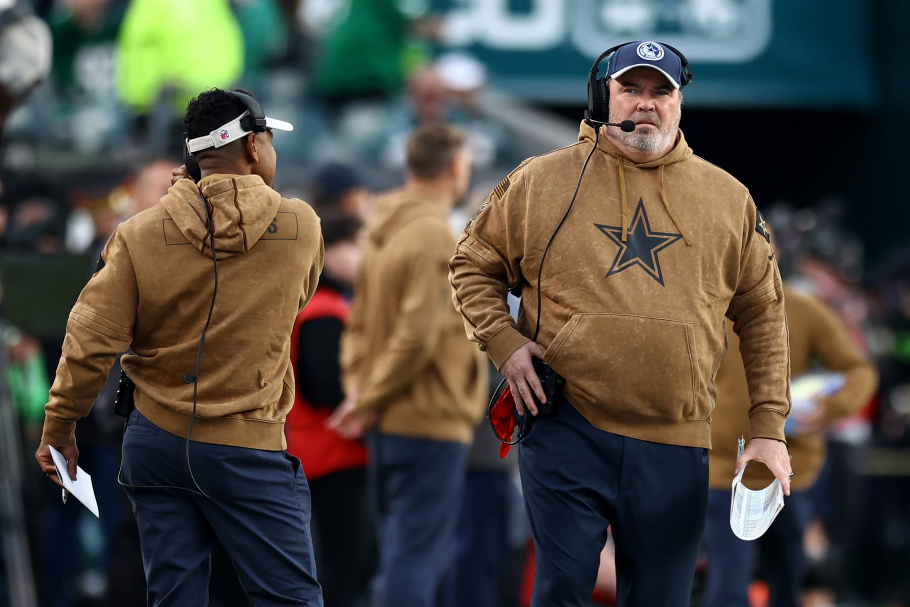 PHILADELPHIA, PENNSYLVANIA - NOVEMBER 05: Head coach Mike McCarthy of the Dallas Cowboys looks on during the first quarter against the Philadelphia Eagles at Lincoln Financial Field on November 05, 2023 in Philadelphia, Pennsylvania. (Photo by Tim Nwachukwu/Getty Images)