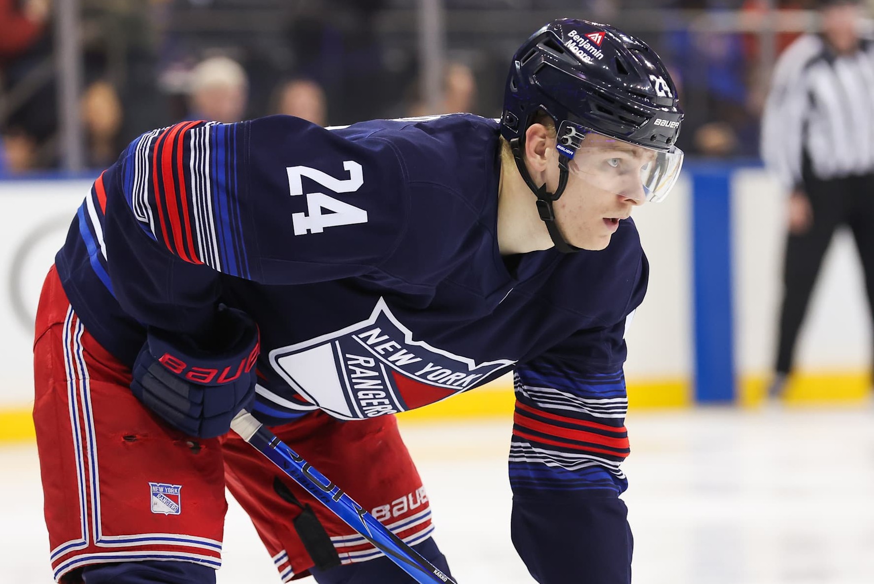 NEW YORK, NEW YORK - NOVEMBER 03: Kaapo Kakko #24 of the New York Rangers looks on during the third period of a game against the New York Islanders at Madison Square Garden on November 3, 2024 in New York City. (Photo by Andrew Mordzynski/Getty Images)