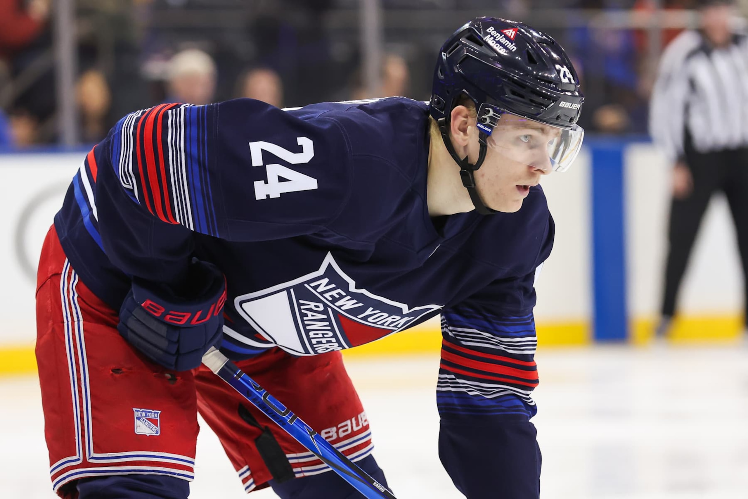 NEW YORK, NEW YORK - NOVEMBER 03: Kaapo Kakko #24 of the New York Rangers looks on during the third period of a game against the New York Islanders at Madison Square Garden on November 3, 2024 in New York City. (Photo by Andrew Mordzynski/Getty Images)