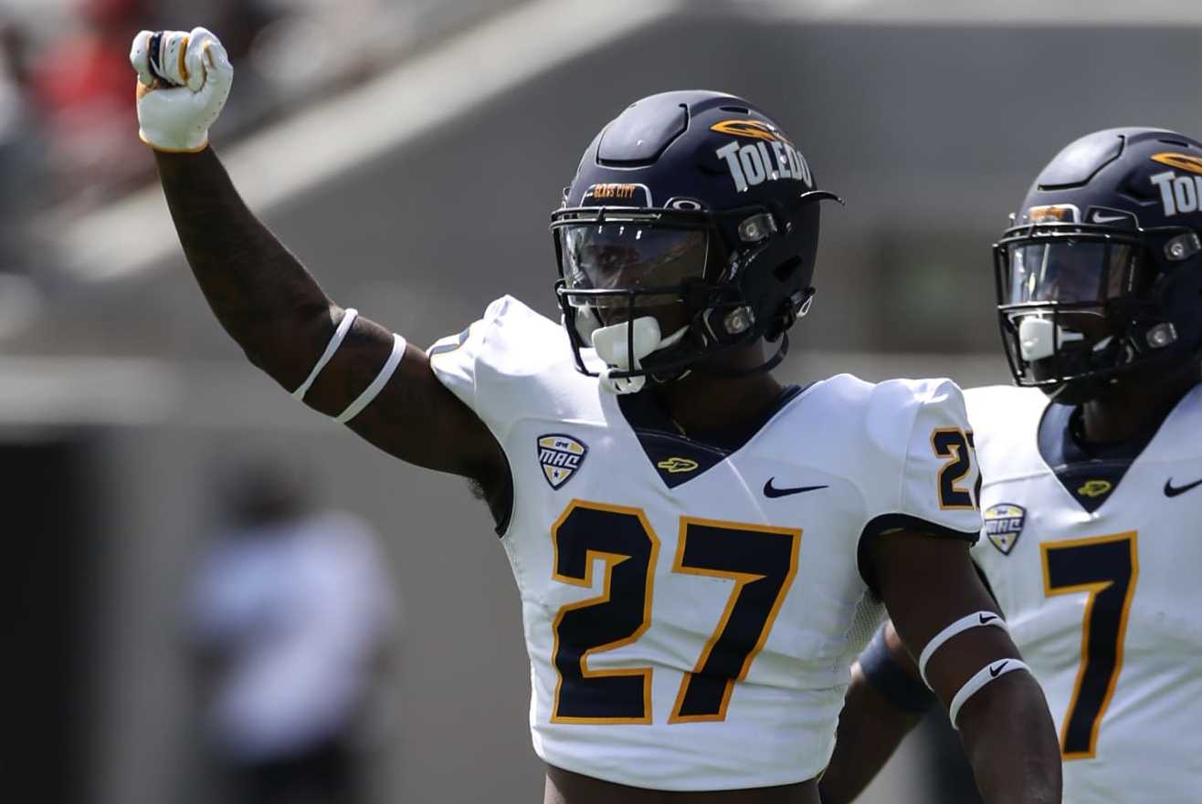SAN DIEGO, CA - SEPTEMBER 24: Toledo Rockets cornerback Quinyon Mitchell (27) and Toledo Rockets safety Zachary Ford (7) during a college football game between the Toledo Rockets and the San Diego State Aztecs on September 24, 2022, at Snapdragon Stadium in San Diego, CA. (Photo by Jevone Moore/Icon Sportswire via Getty Images)
