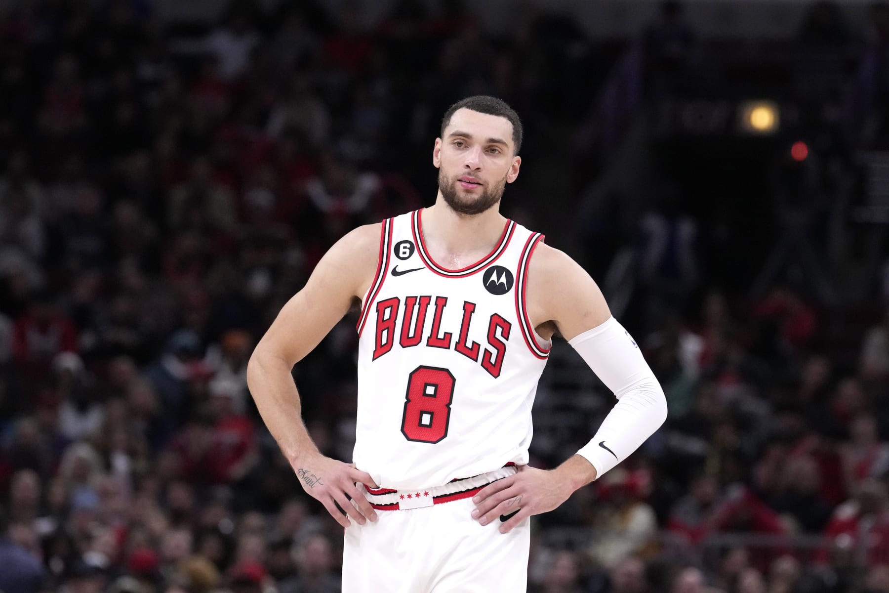 Chicago Bulls' Zach LaVine waits for play to resume during the second half of an NBA basketball game against the New York Knicks Wednesday, Dec. 14, 2022, in Chicago. (AP Photo/Charles Rex Arbogast)