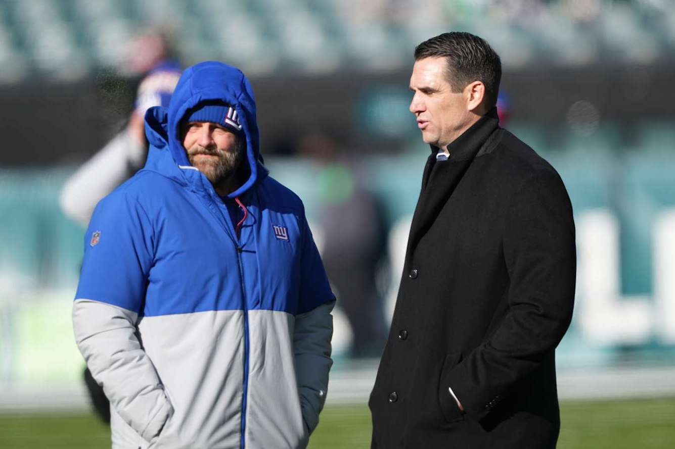 PHILADELPHIA, PA - JANUARY 05: New York Giants head coach Brian Daboll chats with New York Giants general manager Joe Schoen during the game between the Philadelphia Eagles and the New York Giants on January 5, 2025 at Lincoln Financial Field in Philadelphia, PA.(Photo by Andy Lewis/Icon Sportswire via Getty Images)