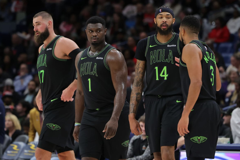 NEW ORLEANS, LOUISIANA - DECEMBER 01: Zion Williamson #1, CJ McCollum #3, Brandon Ingram #14 and Jonas Valanciunas #17 of the New Orleans Pelicans react during a game against the San Antonio Spurs at the Smoothie King Center on December 01, 2023 in New Orleans, Louisiana. NOTE TO USER: User expressly acknowledges and agrees that, by downloading and or using this Photograph, user is consenting to the terms and conditions of the Getty Images License Agreement. (Photo by Jonathan Bachman/Getty Images)