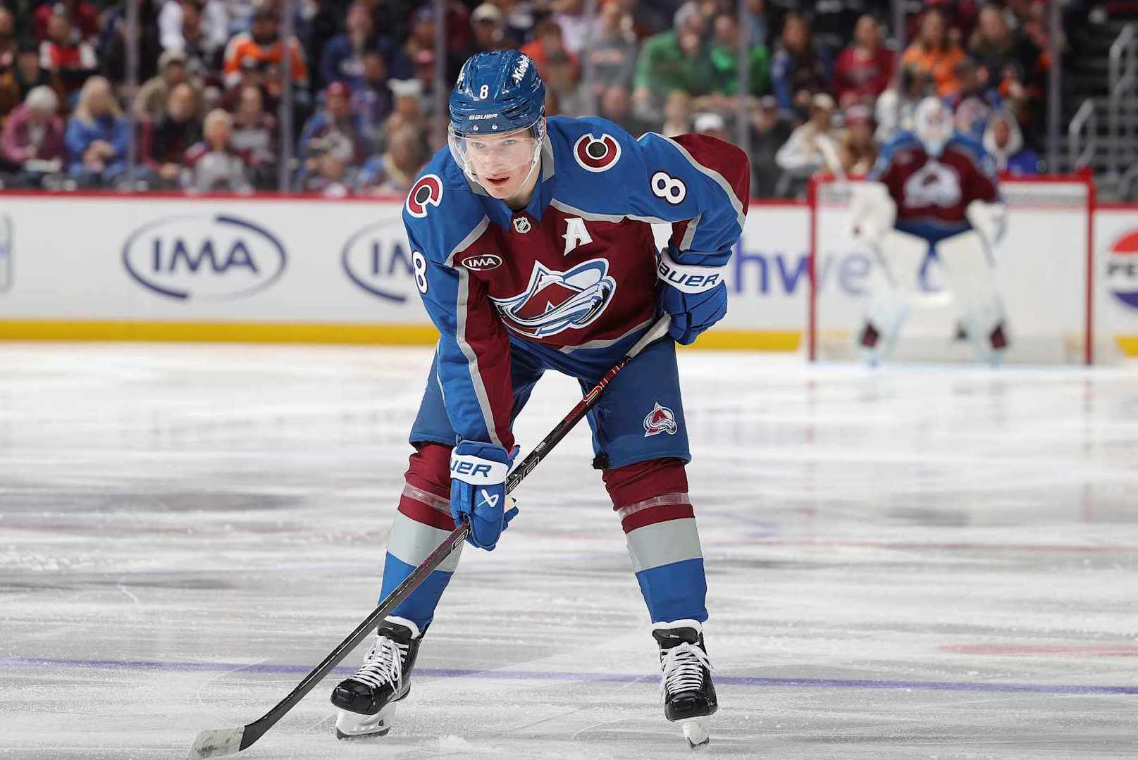 DENVER, COLORADO - FEBRUARY 02: Cale Makar #8 of the Colorado Avalanche awaits a faceoff against the Philadelphia Flyers at Ball Arena on February 2, 2025 in Denver, Colorado. (Photo by Michael Martin/NHLI via Getty Images)
