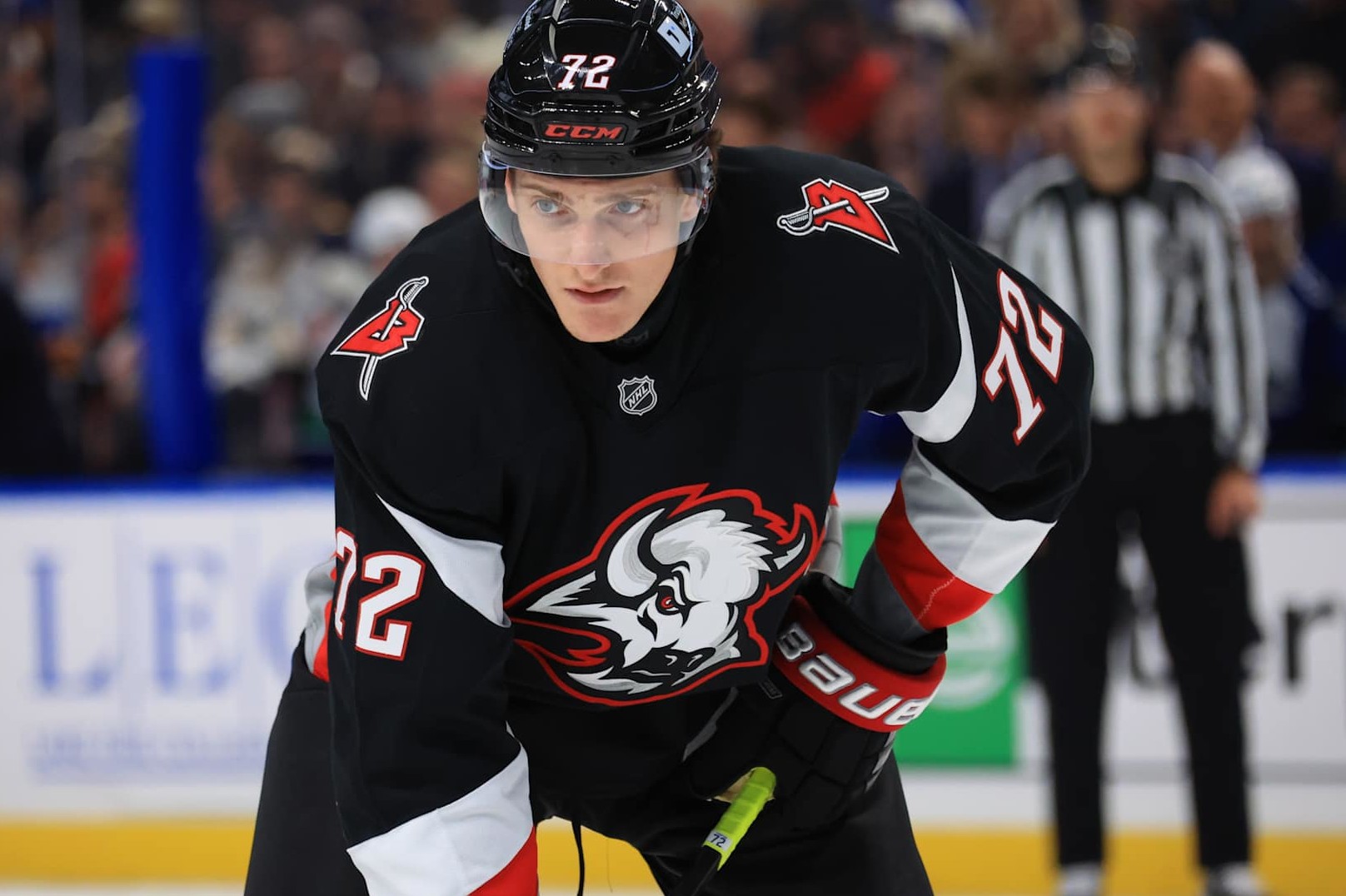 BUFFALO, NEW YORK - NOVEMBER 29: Tage Thompson #72 of the Buffalo Sabres prepares for a faceoff against the Vancouver Canucks during an NHL game on November 29, 2024 at KeyBank Center in Buffalo, New York. (Photo by Bill Wippert/NHLI via Getty Images)