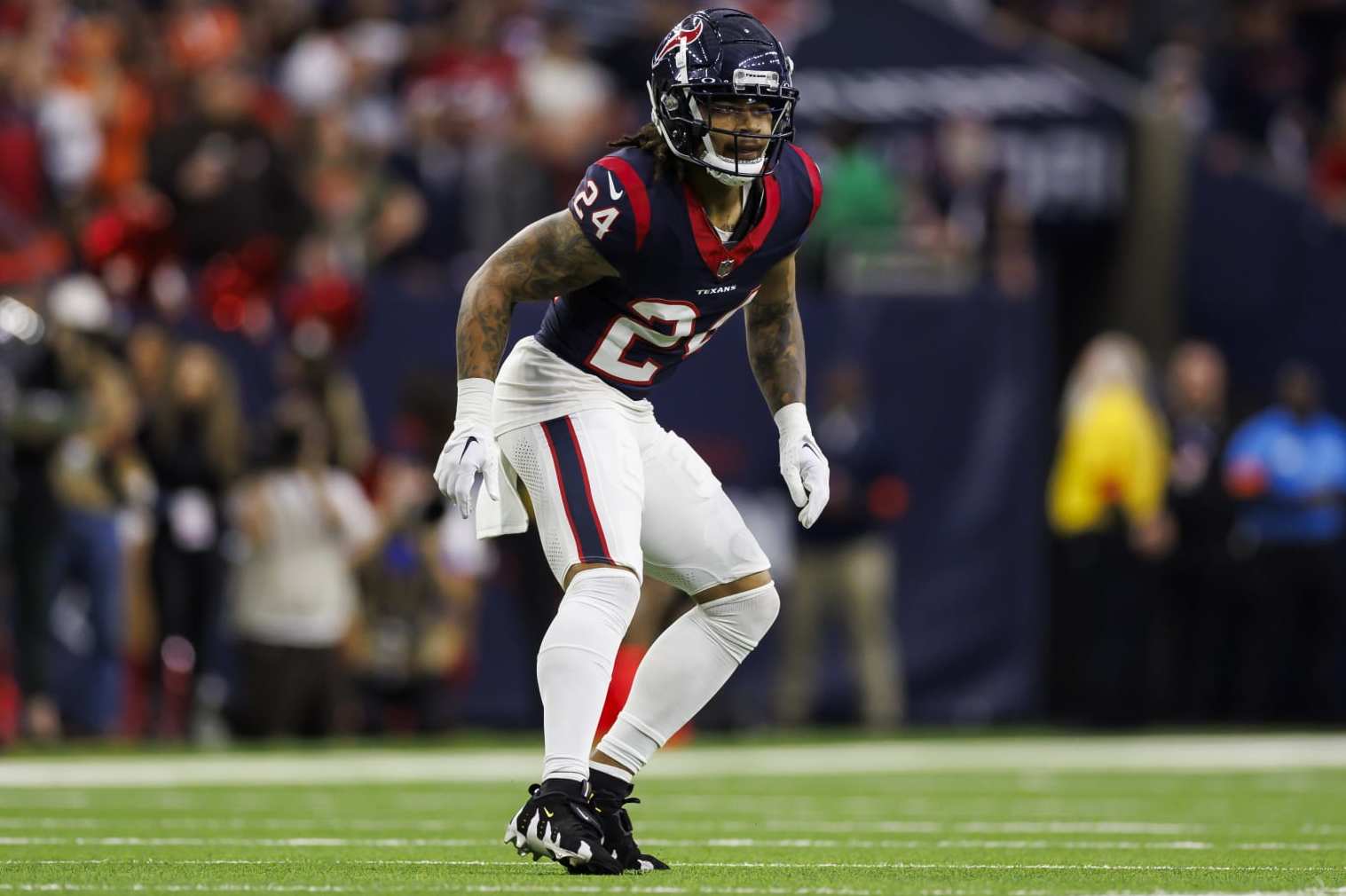 HOUSTON, TEXAS - JANUARY 13: Derek Stingley Jr. #24 of the Houston Texans defends in coverage during an AFC wild-card playoff football game against the Cleveland Browns at NRG Stadium on January 13, 2024 in Houston, Texas. (Photo by Ryan Kang/Getty Images)