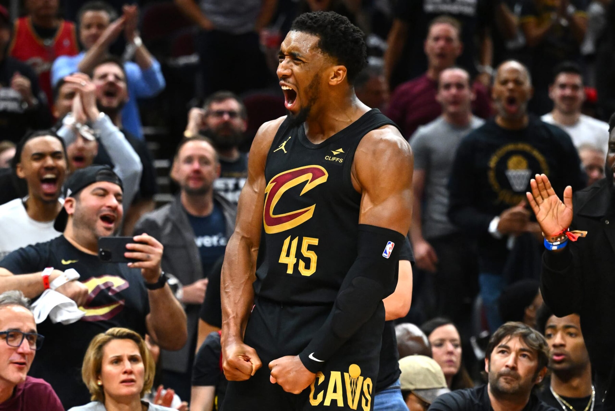 CLEVELAND, OHIO - MAY 05: Donovan Mitchell #45 of the Cleveland Cavaliers reacts during the fourth quarter against the Orlando Magic in Game Seven of the Eastern Conference First Round Playoffs at Rocket Mortgage Fieldhouse on May 05, 2024 in Cleveland, Ohio. NOTE TO USER: User expressly acknowledges and agrees that, by downloading and/or using this Photograph, user is consenting to the terms and conditions of the Getty Images License Agreement. (Photo by Jason Miller/Getty Images) CLEVELAND, OHIO - MAY 05: Donovan Mitchell #45 of the Cleveland Cavaliers reacts during the fourth quarter against the Orlando Magic in Game Seven of the Eastern Conference First Round Playoffs at Rocket Mortgage Fieldhouse on May 05, 2024 in Cleveland, Ohio. NOTE TO USER: User expressly acknowledges and agrees that, by downloading and/or using this Photograph, user is consenting to the terms and conditions of the Getty Images License Agreement. (Photo by Jason Miller/Getty Images)