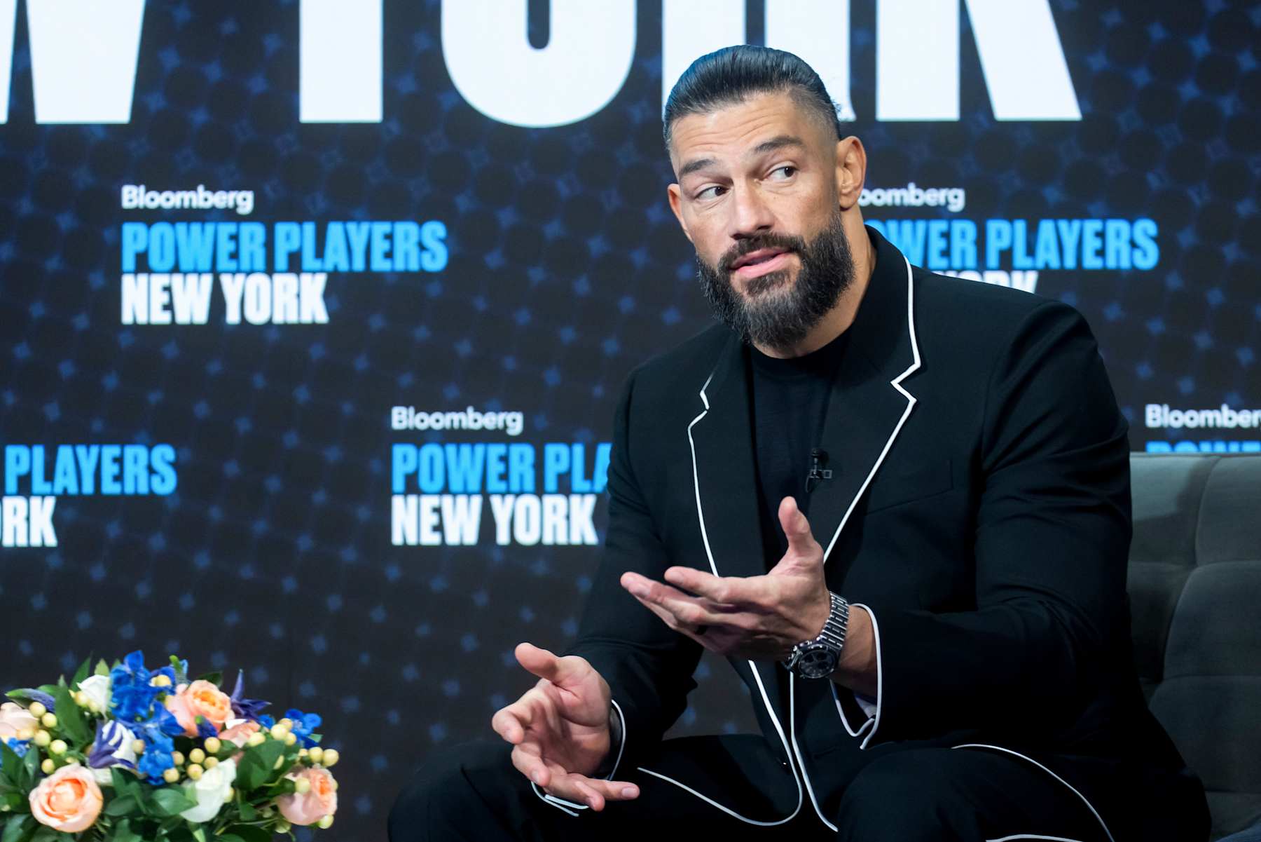 Roman Reigns, WWE professional wrestler, speaks during the Bloomberg Power Players New York event in New York, US, on Thursday, Sept. 5, 2024. Bloomberg Power Players brings together industry leaders at the intersection of sports, business and technology.  Photographer: Michael Nagle/Bloomberg via Getty Images