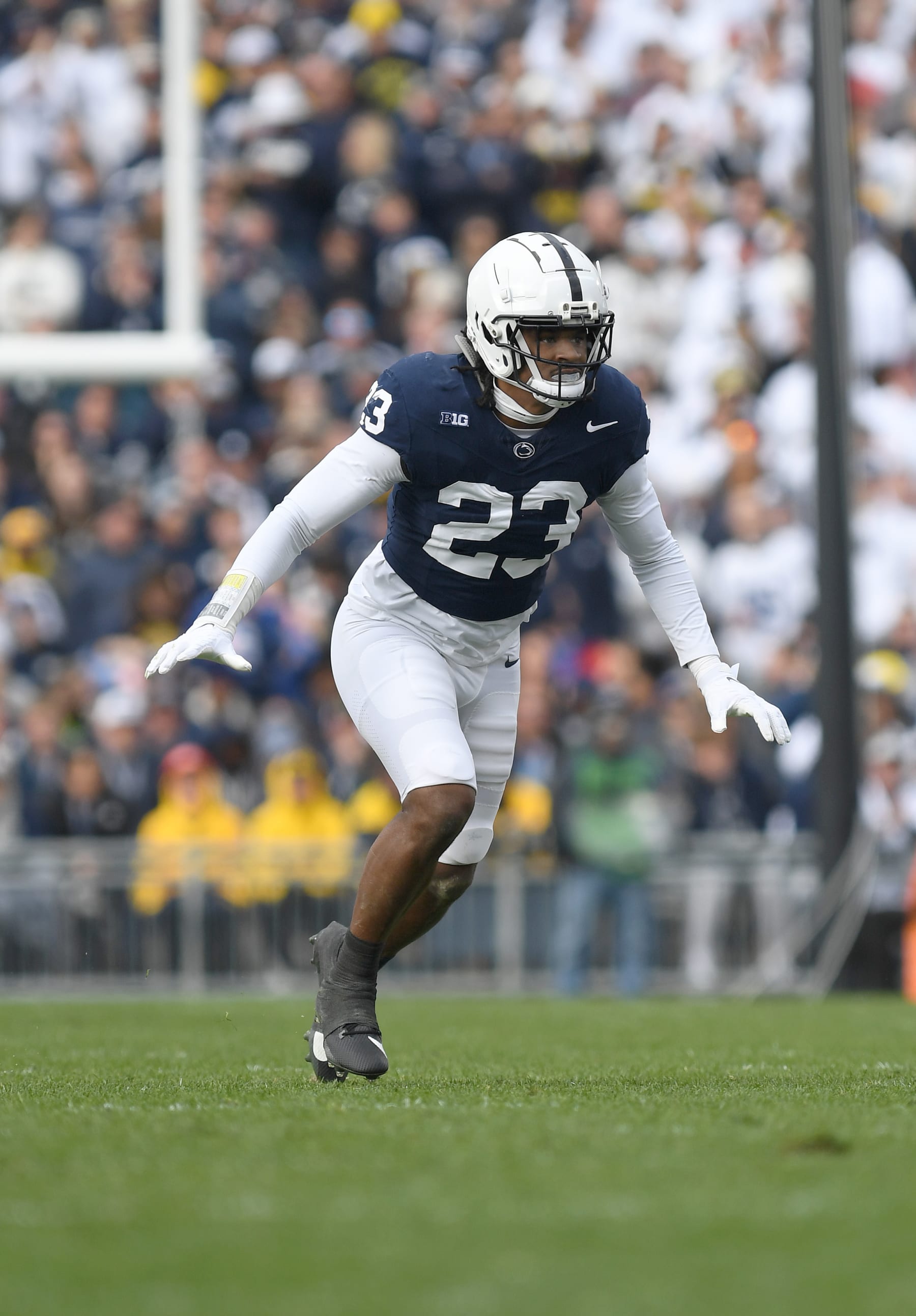 UNIVERSITY PARK, PA - NOVEMBER 11: Penn State linebacker Curtis Jacobs (23) runs to the ball during the Michigan Wolverines versus Penn State Nittany Lions game on November 11, 2023 at Beaver Stadium in University Park, PA. (Photo by Randy Litzinger/Icon Sportswire via Getty Images)