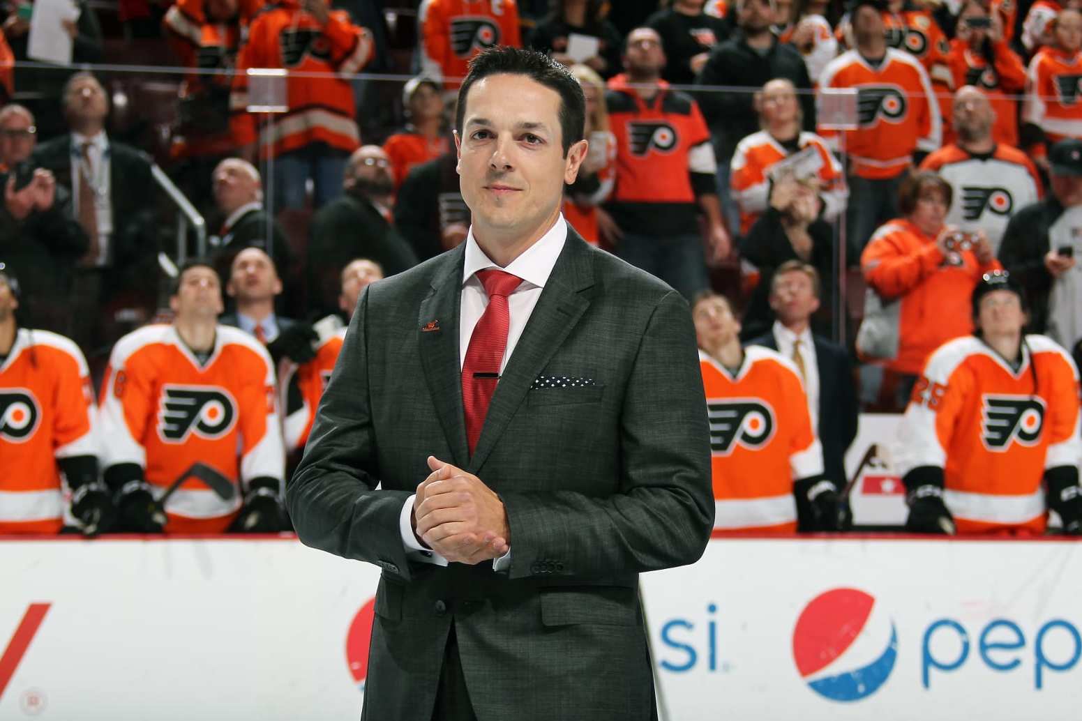 PHILADELPHIA, PA - OCTOBER 27:  Former Philadelphia Flyer and Buffalo Sabre Daniel Briere looks on during a pre-game ceremony honoring his retirement from the NHL on October 27, 2015 at the Wells Fargo Center in Philadelphia, Pennsylvania.  (Photo by Len Redkoles/NHLI via Getty Images)