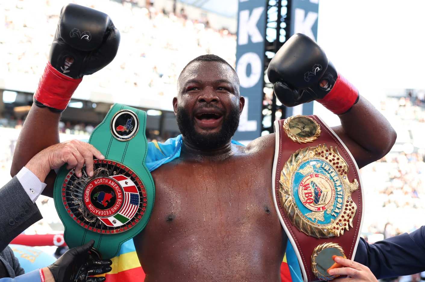 LOS ANGELES, CALIFORNIA - AUGUST 03: Martin Bakole (Tartan shorts) defeats Jared Anderson (white and blue shorts) to win the NABF WBO International Heavyweight Title Contest at BMO Stadium on August 3, 2024 in Los Angeles, California. (Photo by Mark Robinson/Matchroom Boxing/Getty Images)