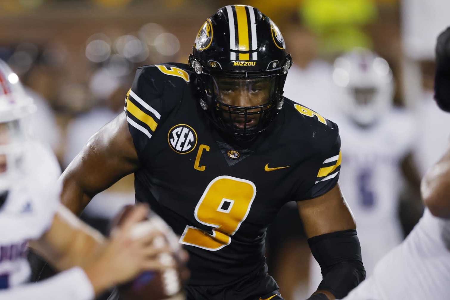 Missouri defensive lineman Isaiah McGuire during an NCAA football game on Thursday, Sept. 1, 2022 in Columbia, Mo. (AP Photo/Colin E. Braley)