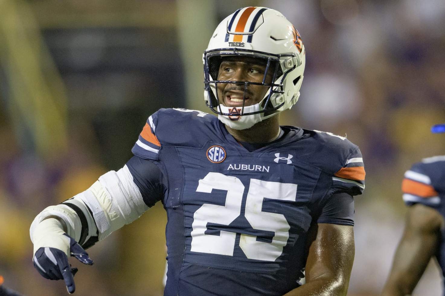 Auburn defensive end Colby Wooden (25) reacts during an NCAA football game against LSU on Saturday, Oct. 2, 2021, in Baton Rouge, La. (AP Photo/Matthew Hinton)
