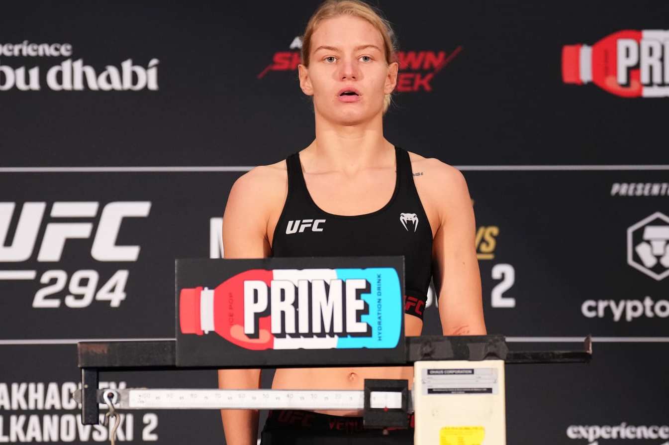 ABU DHABI, UNITED ARAB EMIRATES - OCTOBER 20: Viktoriia Dudakova of Russia poses on the scale during the UFC 294 official weigh-in at the Hilton Yas Island on October 20, 2023 in Abu Dhabi, United Arab Emirates. (Photo by Chris Unger/Zuffa LLC via Getty Images)
