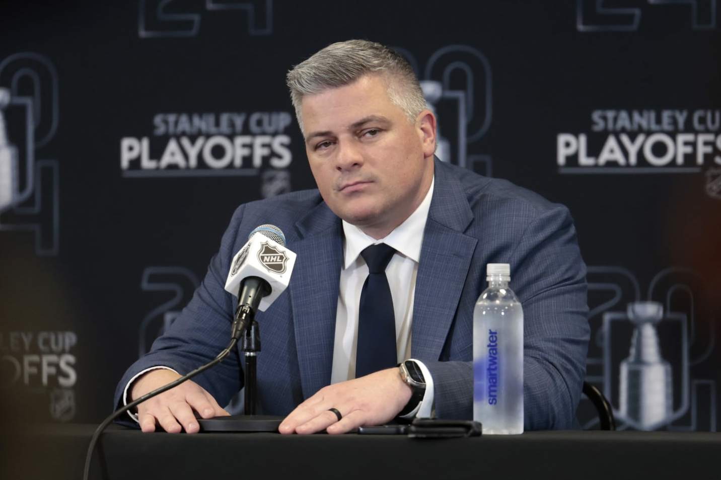 BOSTON, MA - MAY 04: Toronto Maple Leafs head coach Sheldon Keefe fields questions after Game 7 of the Eastern Conference First Round playoffs between the Boston Bruins and the Toronto Maple Leafs on May 4, 2024, at TD Garden in Boston, Massachusetts. (Photo by Fred Kfoury III/Icon Sportswire via Getty Images)