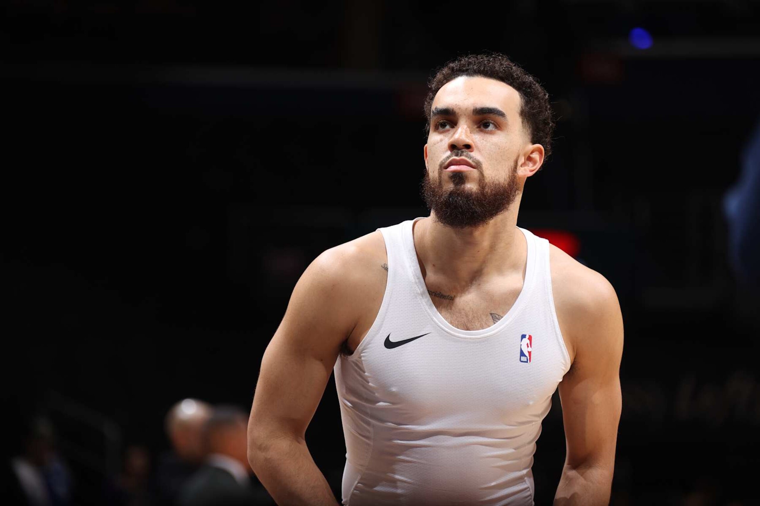 WASHINGTON, DC -  MARCH 21: Tyus Jones #5 of the Washington Wizards warms up before the game against the Sacramento Kings on March 21, 2024 at Capital One Arena in Washington, DC. NOTE TO USER: User expressly acknowledges and agrees that, by downloading and or using this Photograph, user is consenting to the terms and conditions of the Getty Images License Agreement. Mandatory Copyright Notice: Copyright 2024 NBAE (Photo by Stephen Gosling/NBAE via Getty Images)