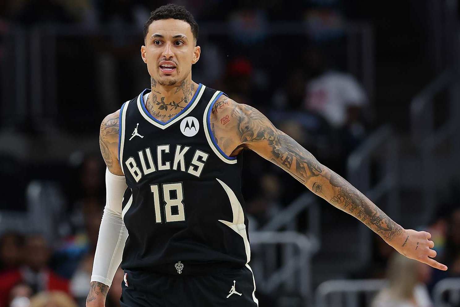 ATLANTA, GEORGIA - FEBRUARY 07: Kyle Kuzma #18 of the Milwaukee Bucks reacts on defense against the Atlanta Hawks during the first quarter at State Farm Arena on February 07, 2025 in Atlanta, Georgia. NOTE TO USER: User expressly acknowledges and agrees that, by downloading and or using this photograph, User is consenting to the terms and conditions of the Getty Images License Agreement. (Photo by Kevin C. Cox/Getty Images)