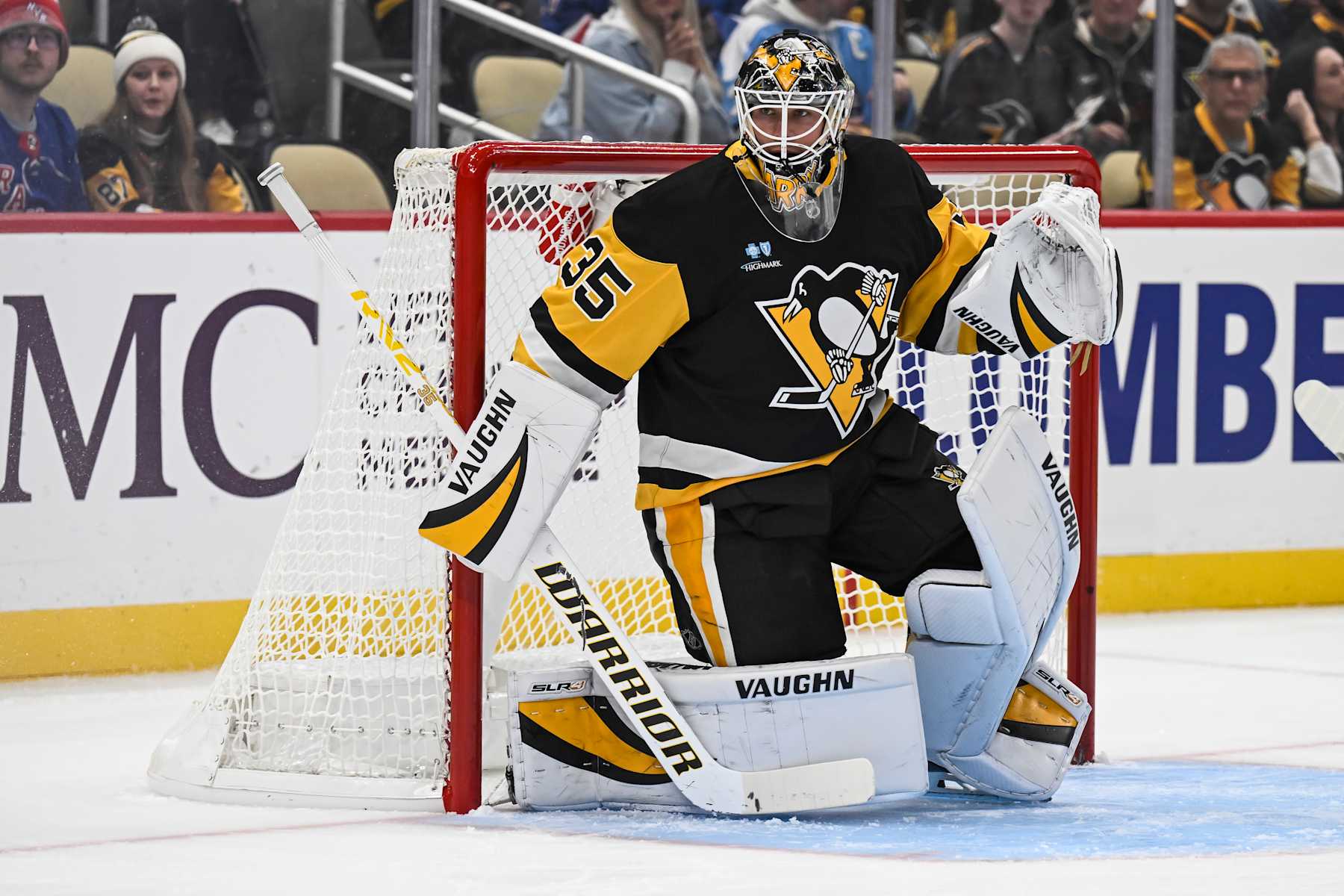 PITTSBURGH, PA - OCTOBER 09: Pittsburgh Penguins goaltender Tristan Jarry (35) tends net during the first period in the NHL game between the Pittsburgh Penguins and the New York Rangers on October 9, 2024, at PPG Paints Arena in Pittsburgh, PA. (Photo by Jeanine Leech/Icon Sportswire via Getty Images)