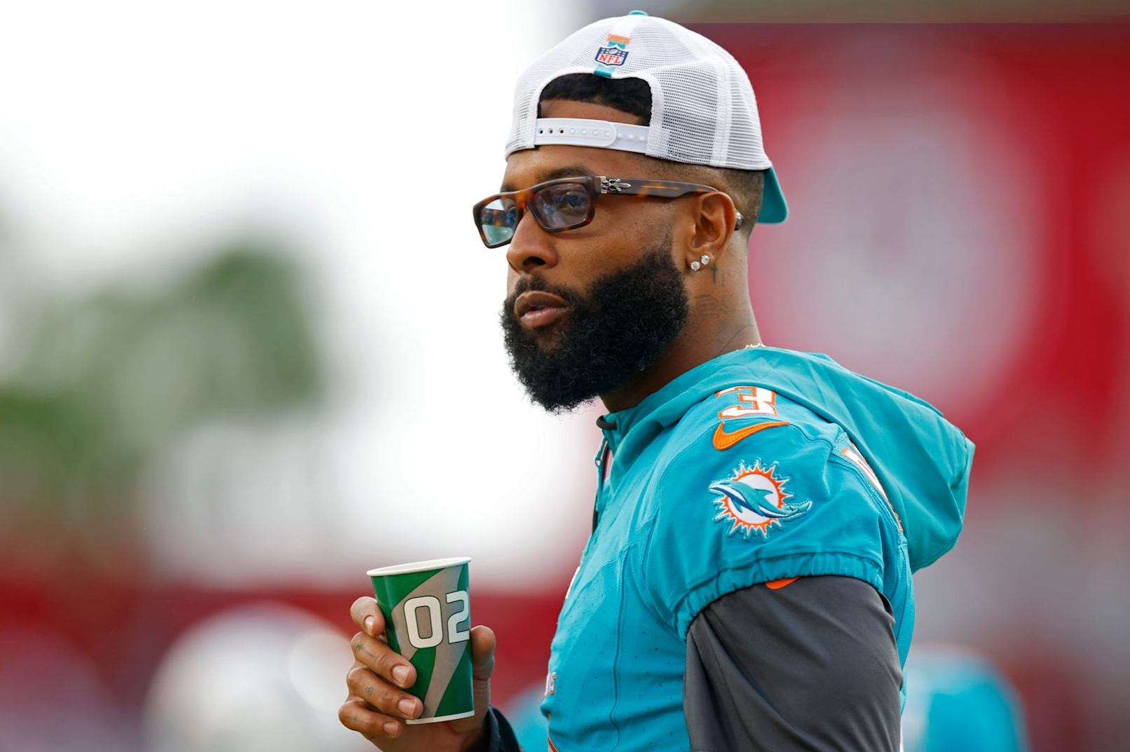 TAMPA, FLORIDA - AUGUST 23: Odell Beckham Jr. #3 of the Miami Dolphins looks on during a preseason game against the Tampa Bay Buccaneers at Raymond James Stadium on August 23, 2024 in Tampa, Florida. (Photo by Mike Ehrmann/Getty Images)