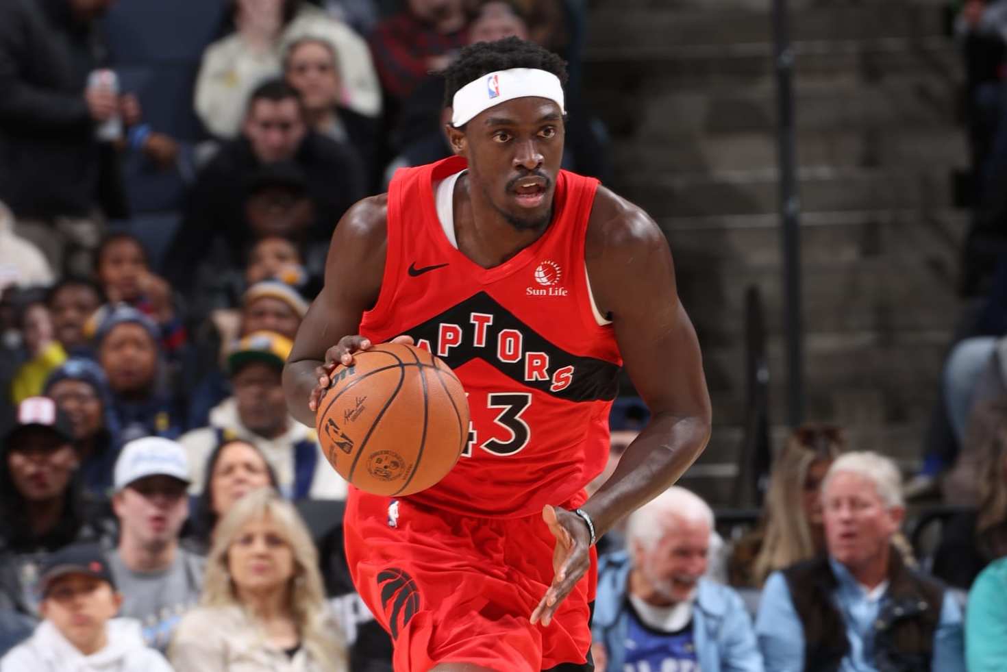 MEMPHIS, TN - JANUARY 3: Pascal Siakam #43 of the Toronto Raptors handles the ball during the game on January 3, 2024 at FedExForum in Memphis, Tennessee. NOTE TO USER: User expressly acknowledges and agrees that, by downloading and or using this photograph, User is consenting to the terms and conditions of the Getty Images License Agreement. Mandatory Copyright Notice: Copyright 2024 NBAE (Photo by Joe Murphy/NBAE via Getty Images)