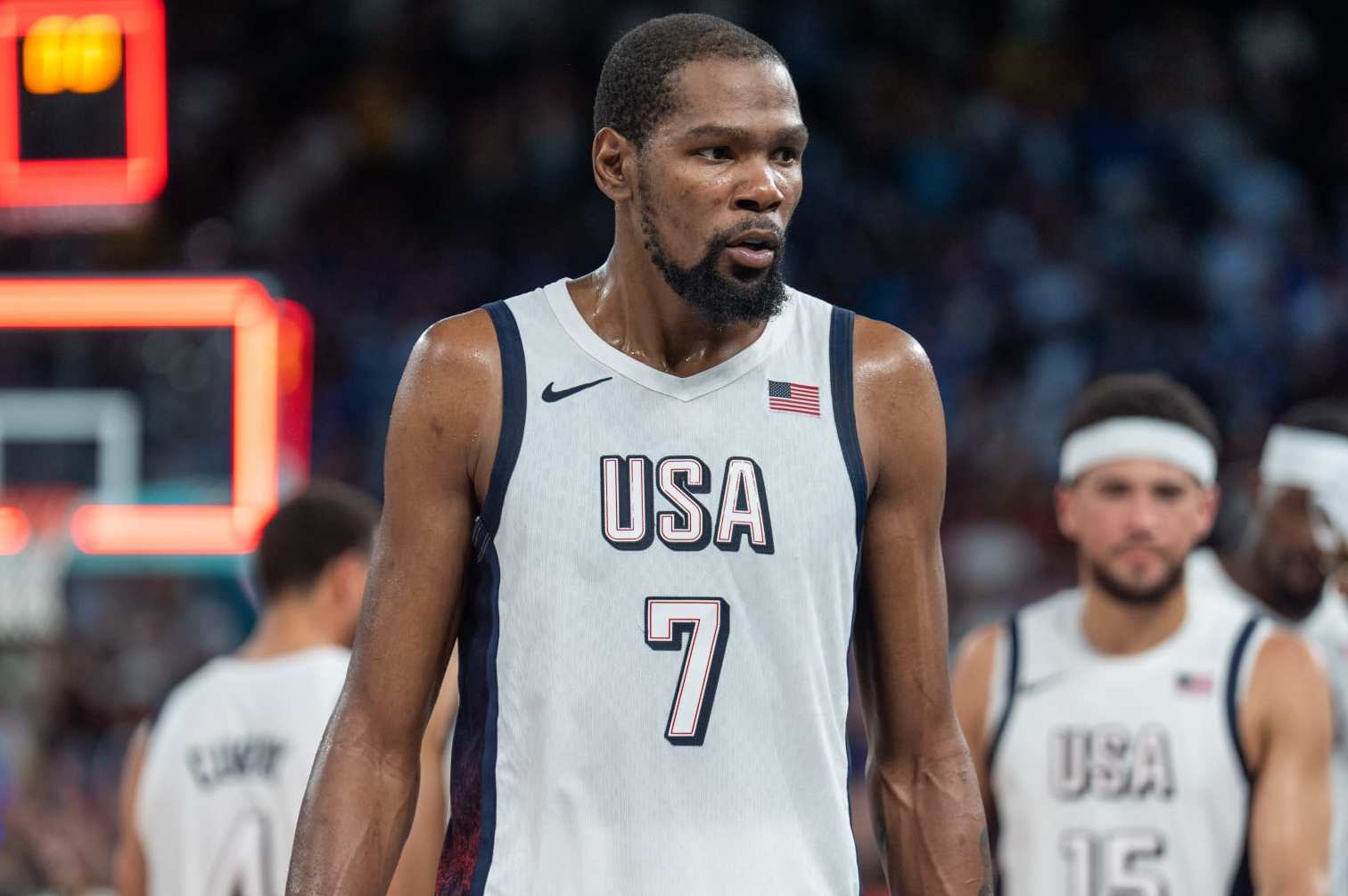 PARIS, FRANCE - AUGUST 08: Kevin Durant (7) of US reacts during the Men's basketball semifinals match between United States and Serbia on day thirteen of the Olympic Games Paris 2024 at Bercy Arena on August 08, 2024 in Paris, France. (Photo by Aytac Unal/Anadolu via Getty Images)